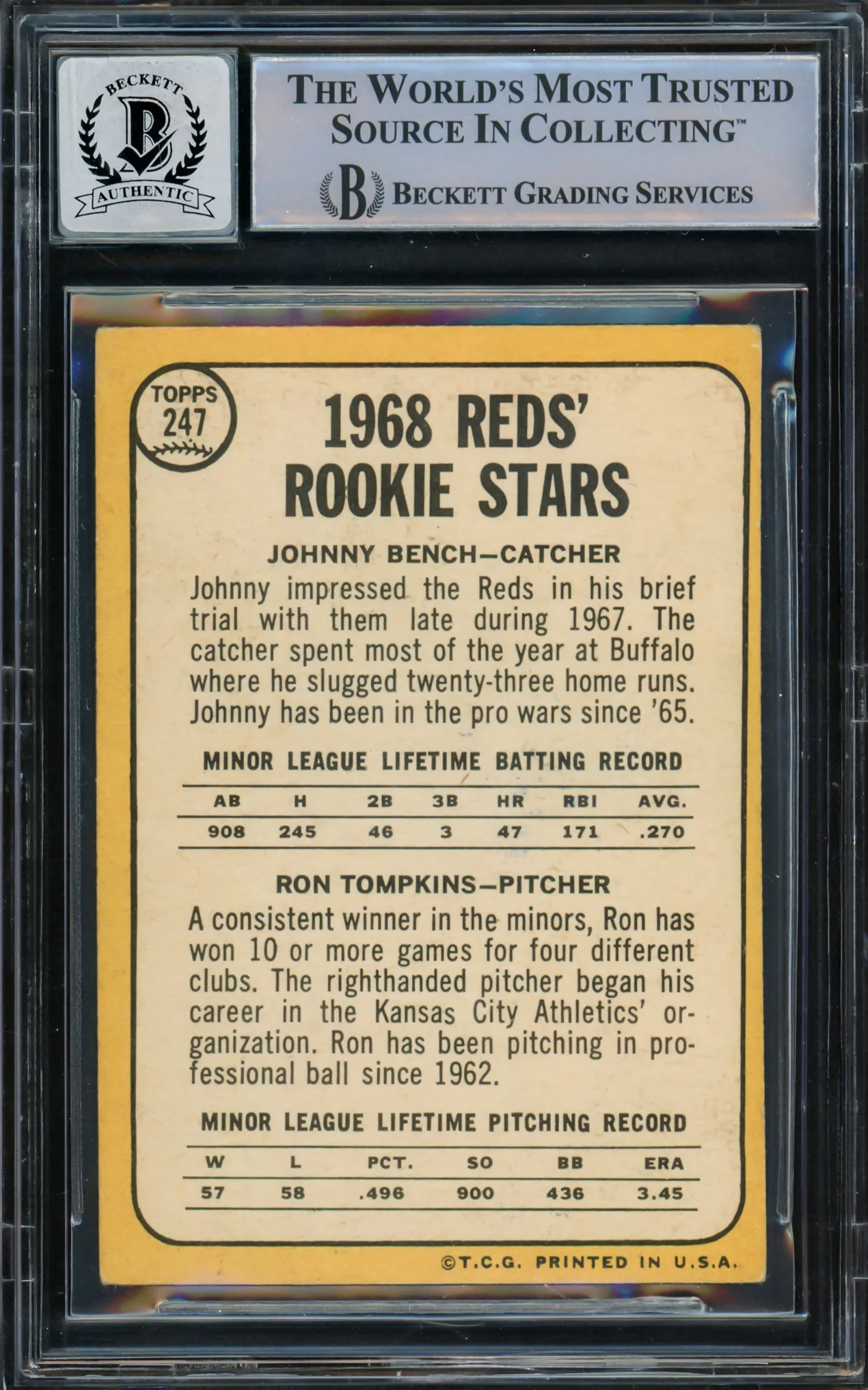 Johnny Bench Autographed 1968 Topps Rookie Card #247 Cincinnati Reds Auto Grade Gem Mint 10 (Off Condition) Beckett BAS #14867872 - Image 2