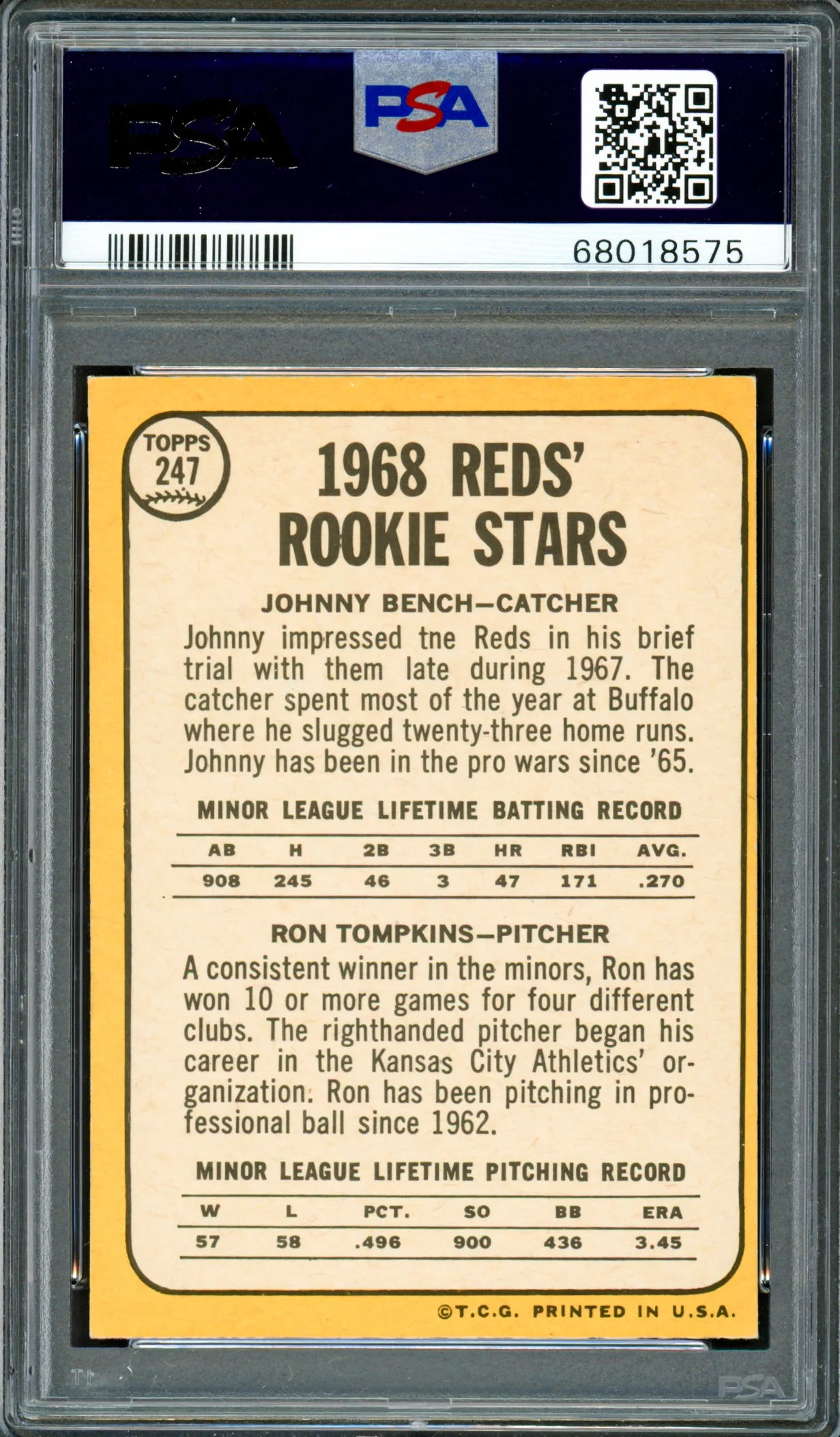 Johnny Bench Autographed 1968 Topps Rookie Card #247 Cincinnati Reds Auto Grade Gem Mint 10 PSA/DNA #68018575 - Image 2