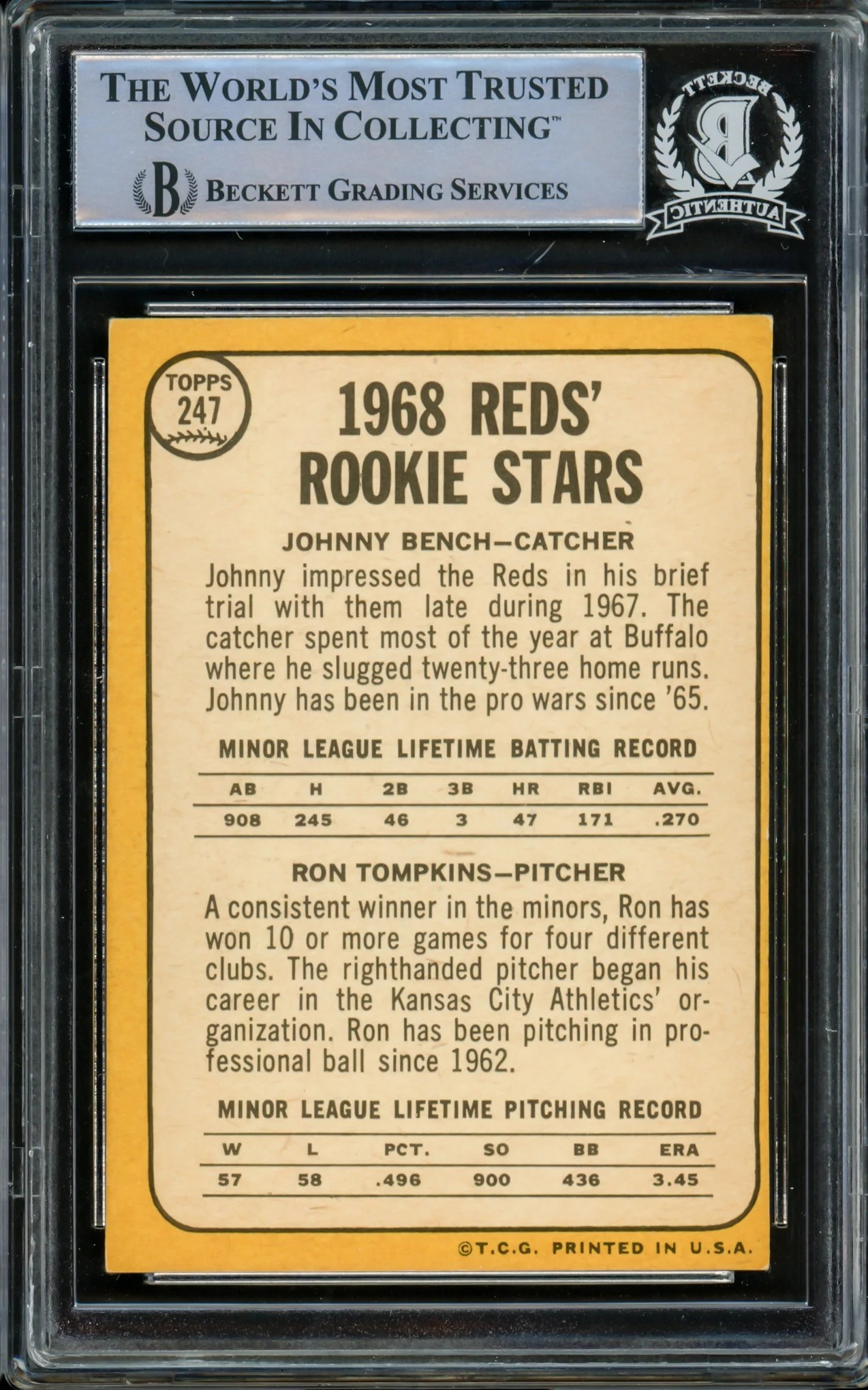 Johnny Bench Autographed 1968 Topps Rookie Card #247 Cincinnati Reds (Off Condition) Beckett BAS #14862518 - Image 2