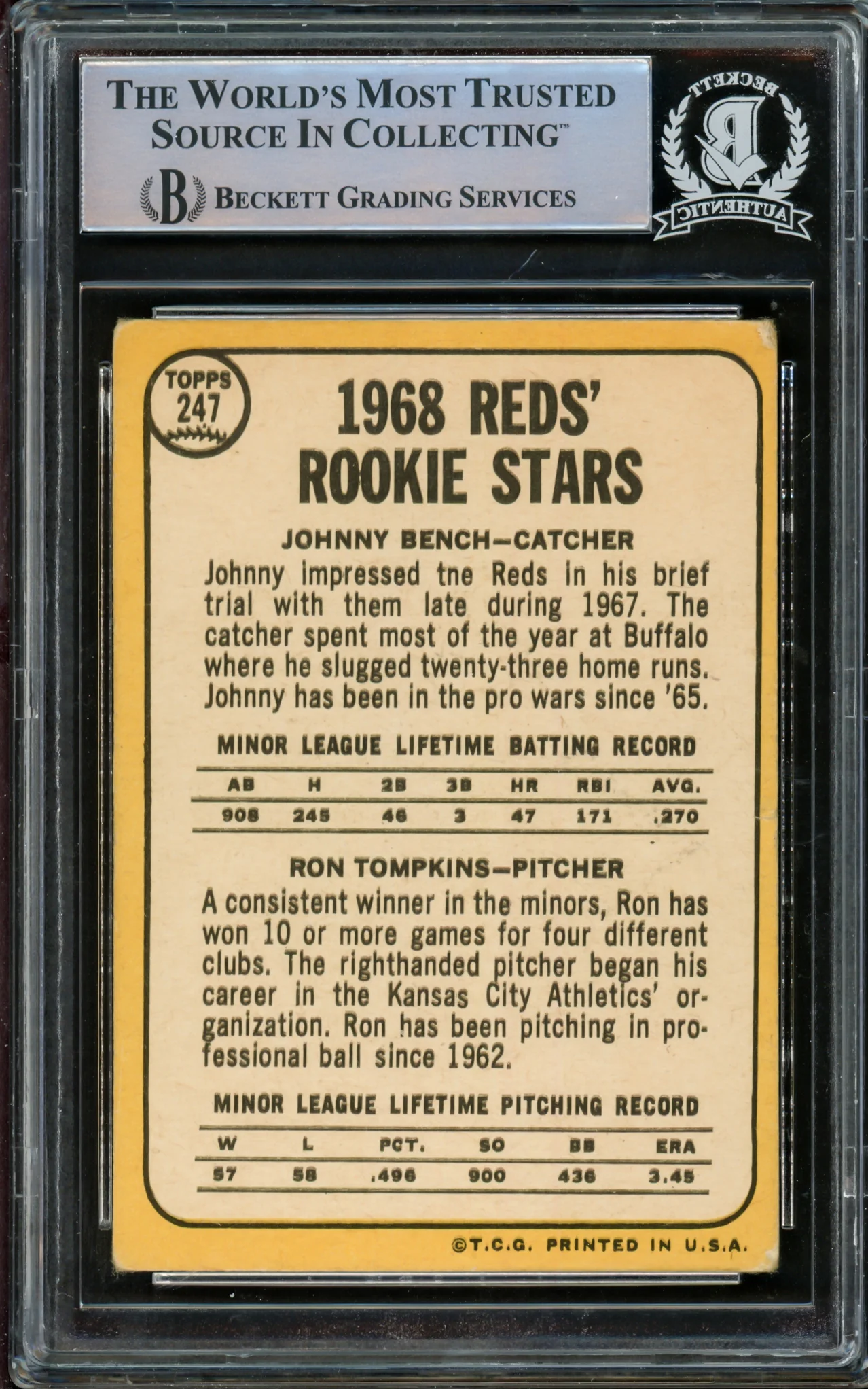 Johnny Bench Autographed 1968 Topps Rookie Card #247 Cincinnati Reds (Off Condition) Beckett BAS #14862537 - Image 2