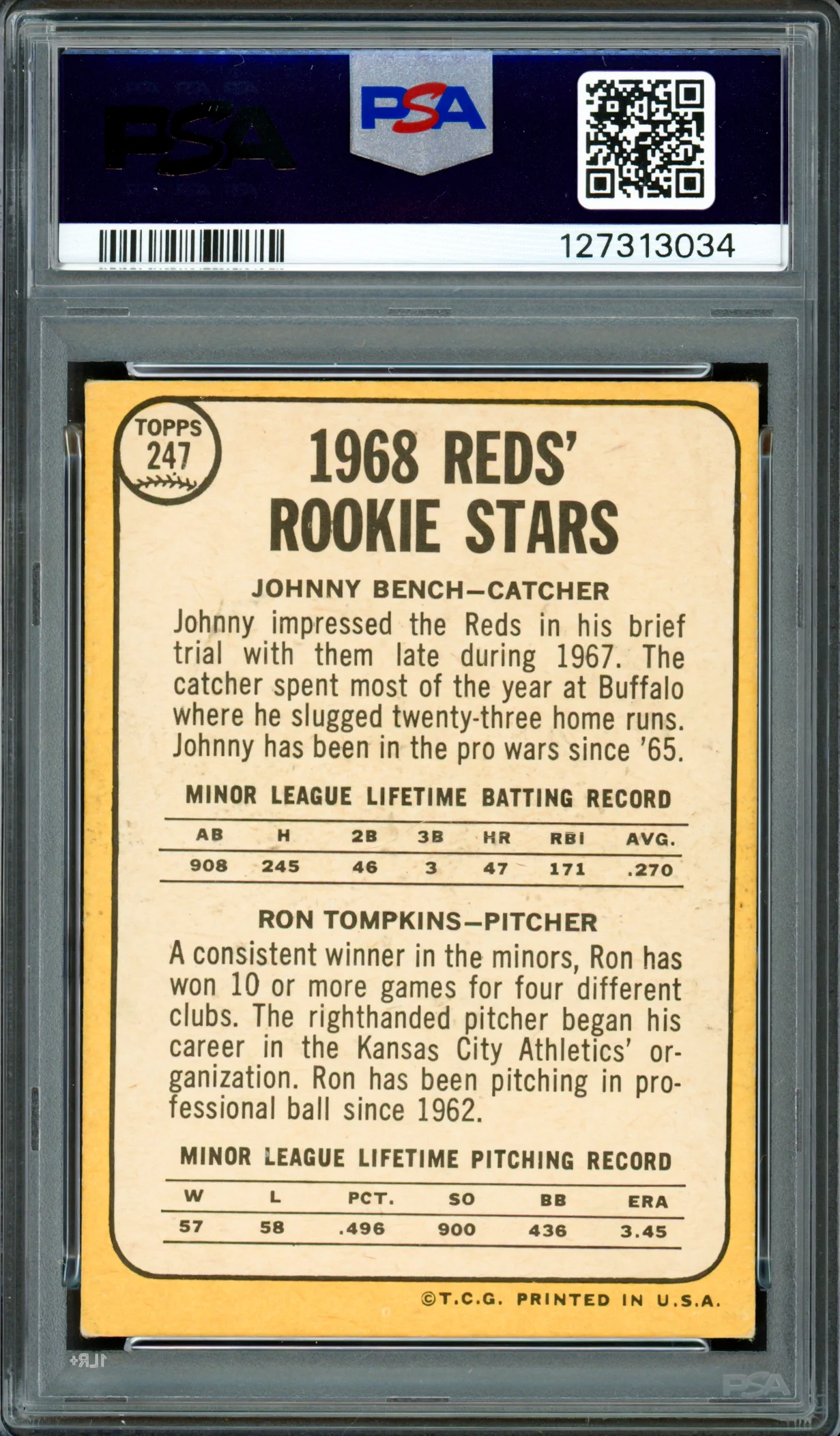 Johnny Bench Autographed 1968 Topps Rookie Card #247 Cincinnati Reds PSA 4 Auto Grade Gem Mint 10 PSA/DNA #127313034 - Image 2