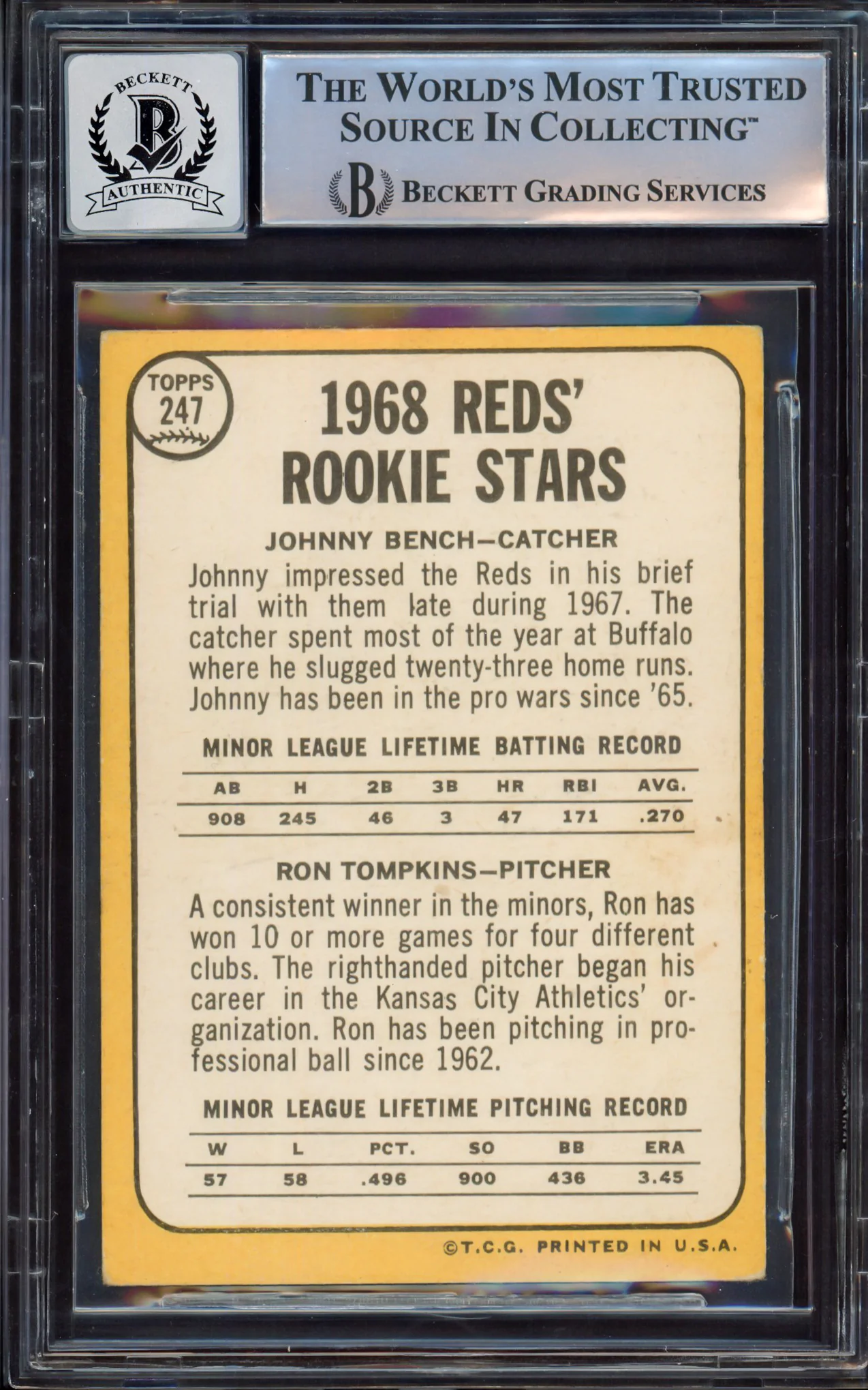 Johnny Bench Autographed 1968 Topps Rookie Card #247A Cincinnati Reds Auto Grade Gem Mint 10 Beckett BAS #14867871 - Image 2