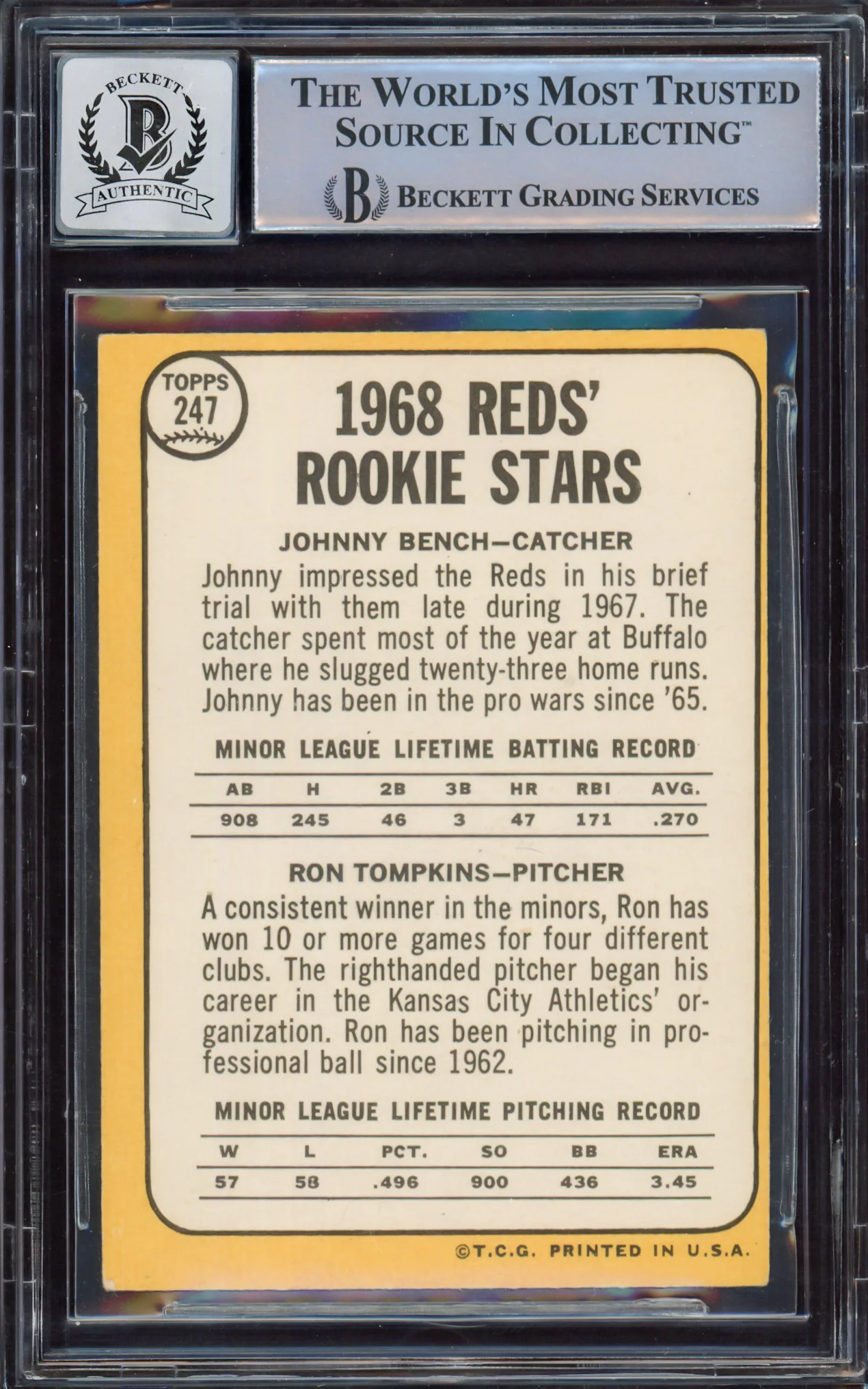 Johnny Bench Autographed 1968 Topps Rookie Card #247A Cincinnati Reds Auto Grade Gem Mint 10 Beckett BAS #14867886 - Image 2