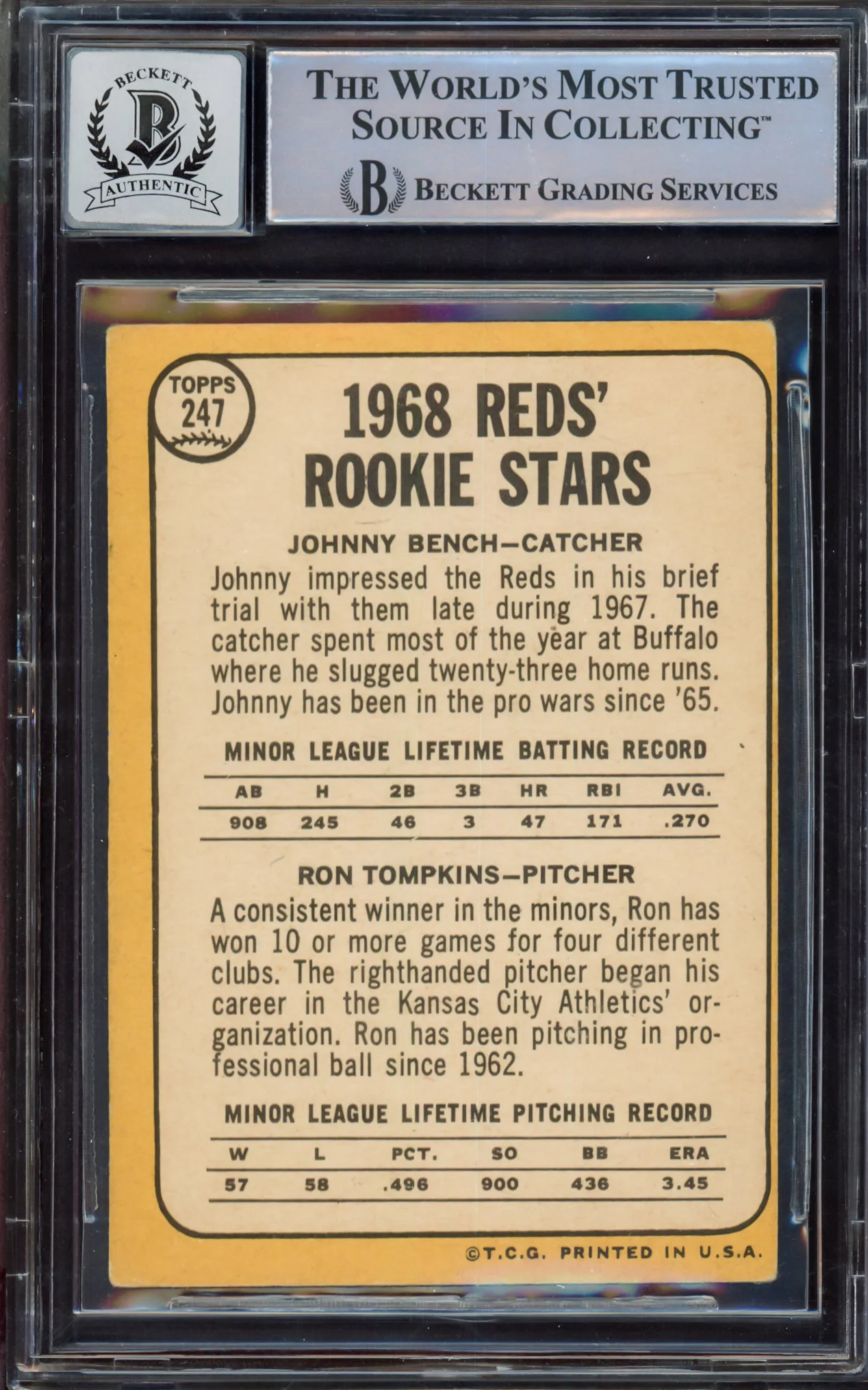 Johnny Bench Autographed 1968 Topps Rookie Card #247A Cincinnati Reds Auto Grade Gem Mint 10 Beckett BAS #14867887 - Image 2