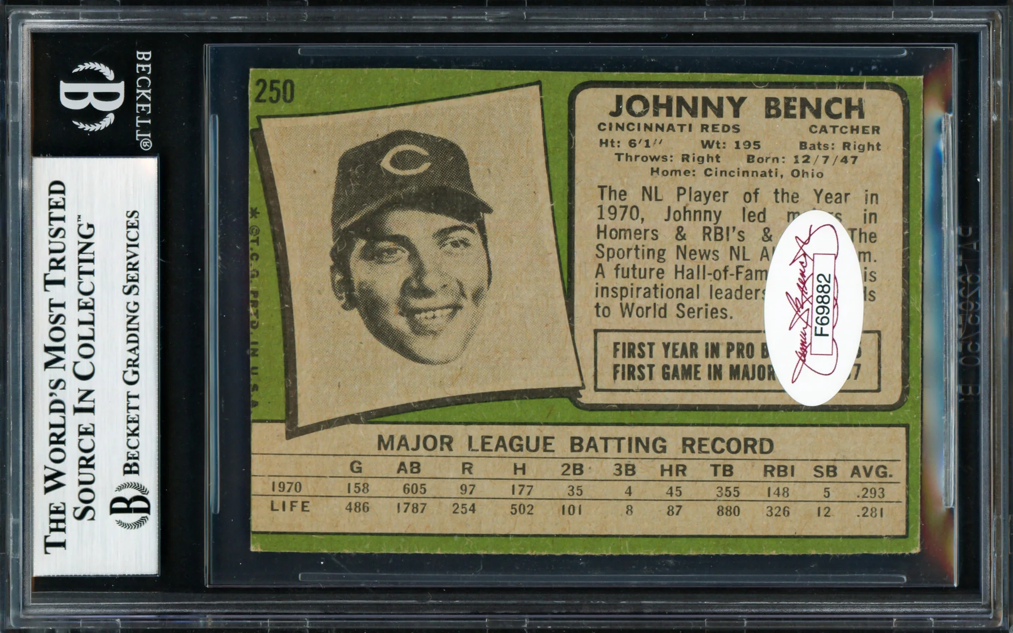 Johnny Bench Autographed 1971 Topps Card #250 Cincinnati Reds (Trimmed) Vintage Signature Beckett BAS #18283323 - Image 2