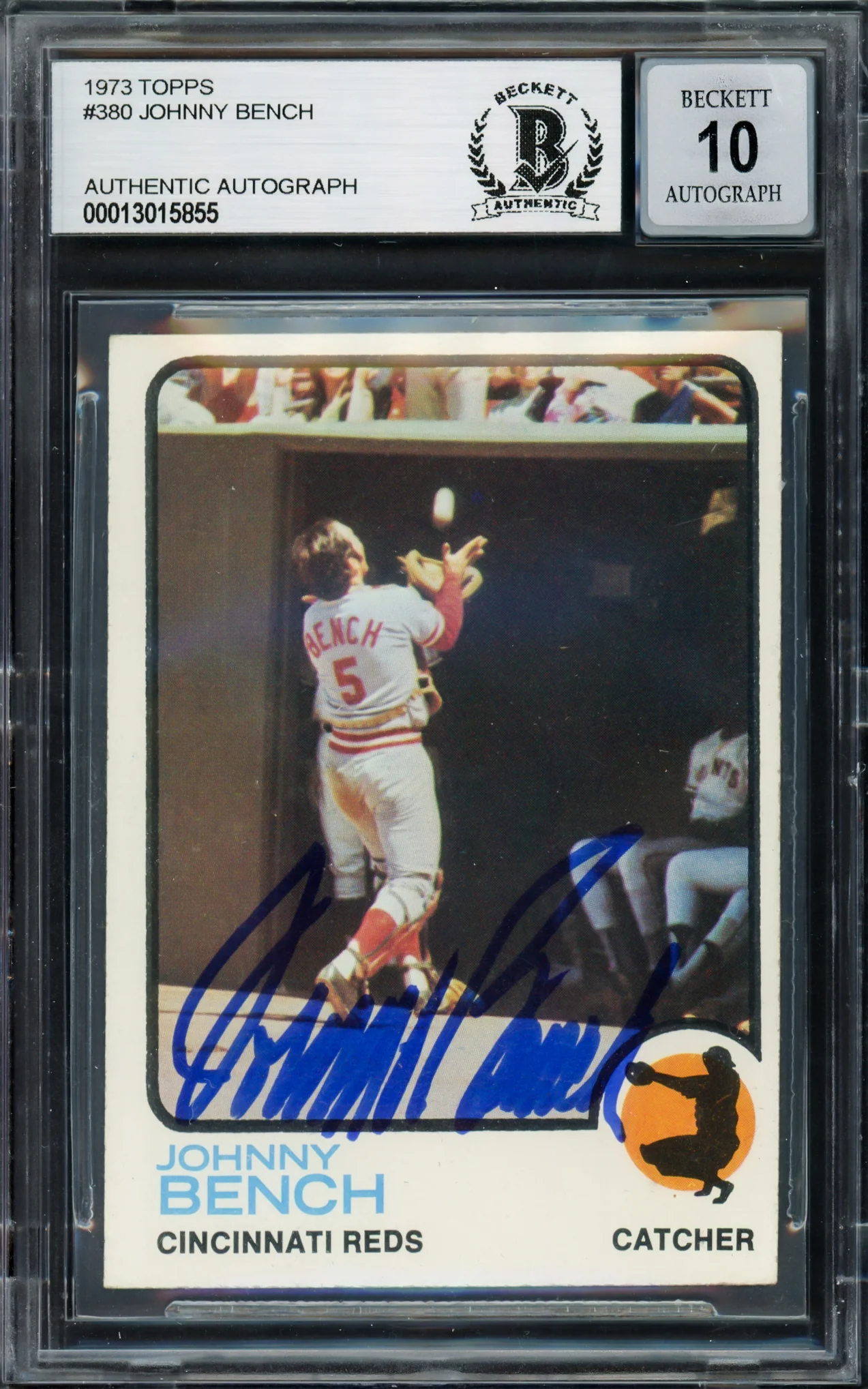 Johnny Bench Autographed 1973 Topps Card #380 Cincinnati Reds Auto Grade Gem Mint 10 Beckett BAS #13015855