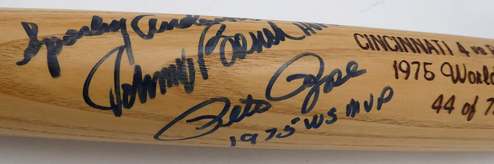 Johnny Bench "HOF 89", Pete Rose "1975 WS MVP" & Sparky Anderson Autographed Louisville Slugger Bat Cincinnati Reds Beckett BAS QR #AE49006 - Image 2