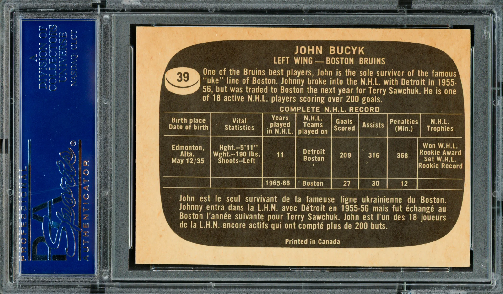 Johnny Bucyk Autographed 1966-67 Topps Card #39 Boston Bruins PSA/DNA #83300270 - Image 2
