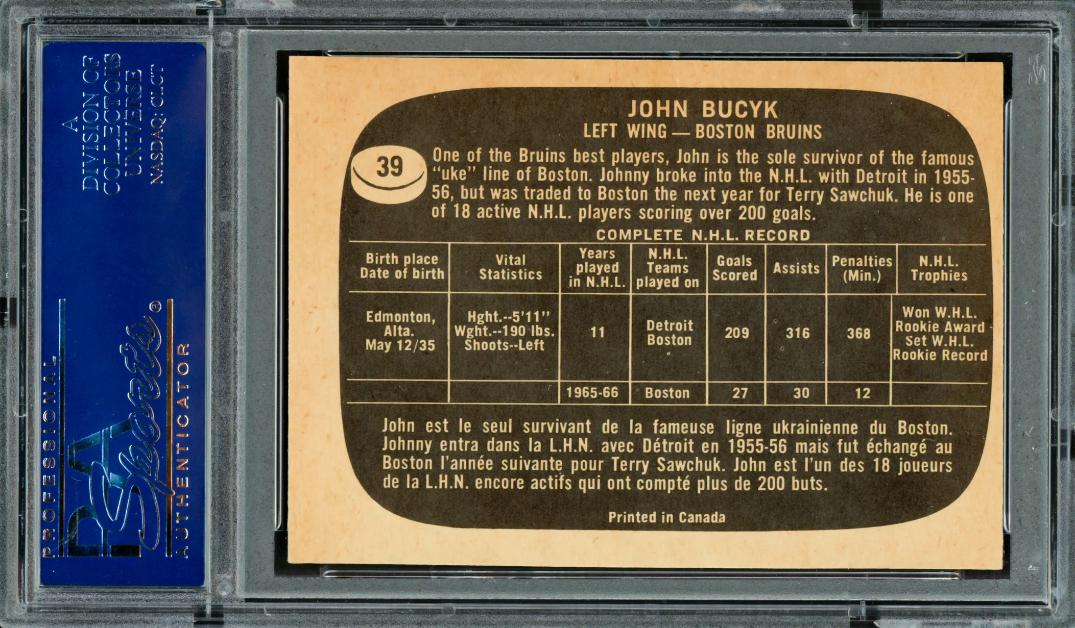 Johnny Bucyk Autographed 1966-67 Topps Card #39 Boston Bruins PSA/DNA #83300271 - Image 2