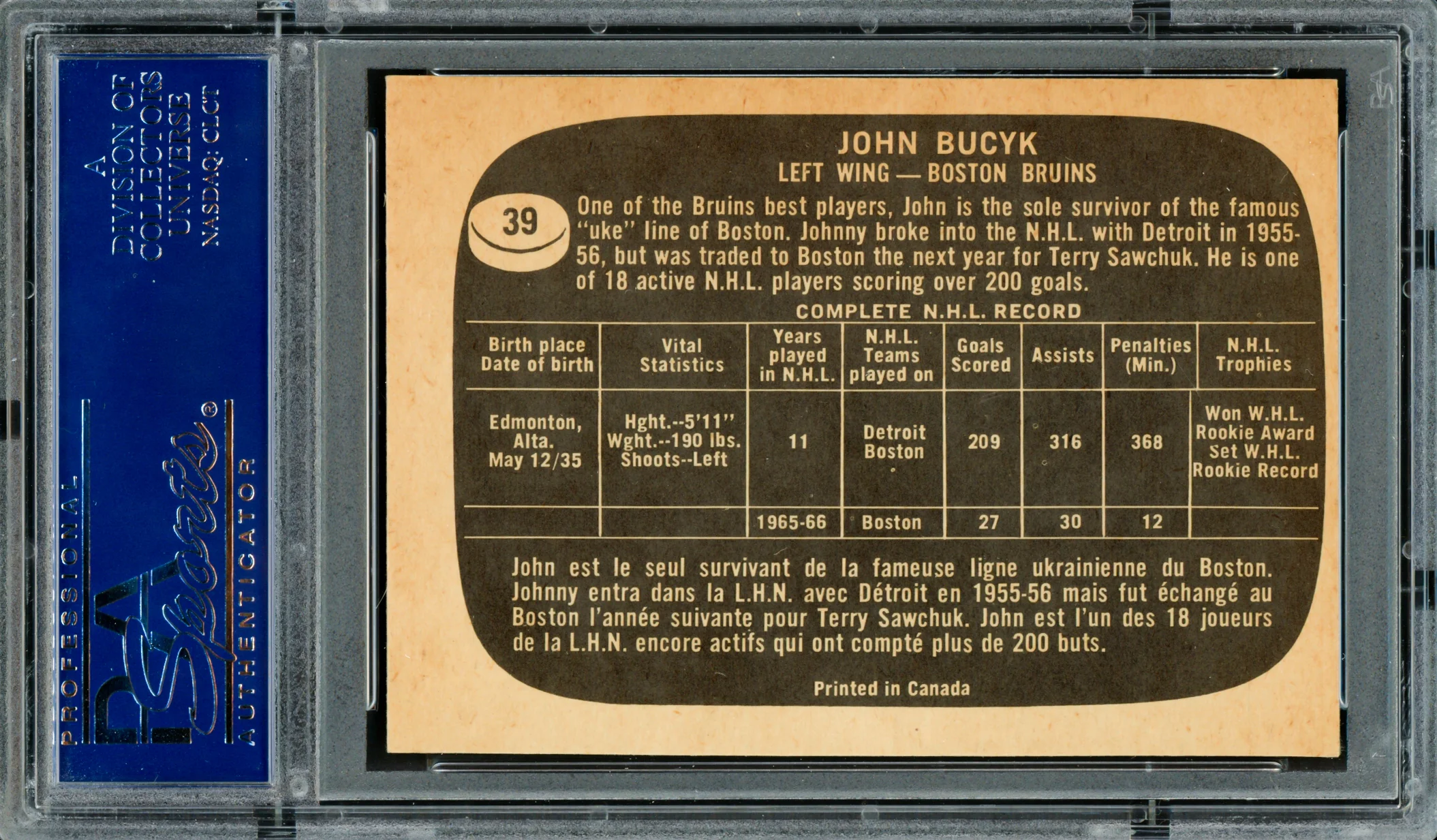 Johnny Bucyk Autographed 1966-67 Topps Card #39 Boston Bruins PSA/DNA #83300274 - Image 2