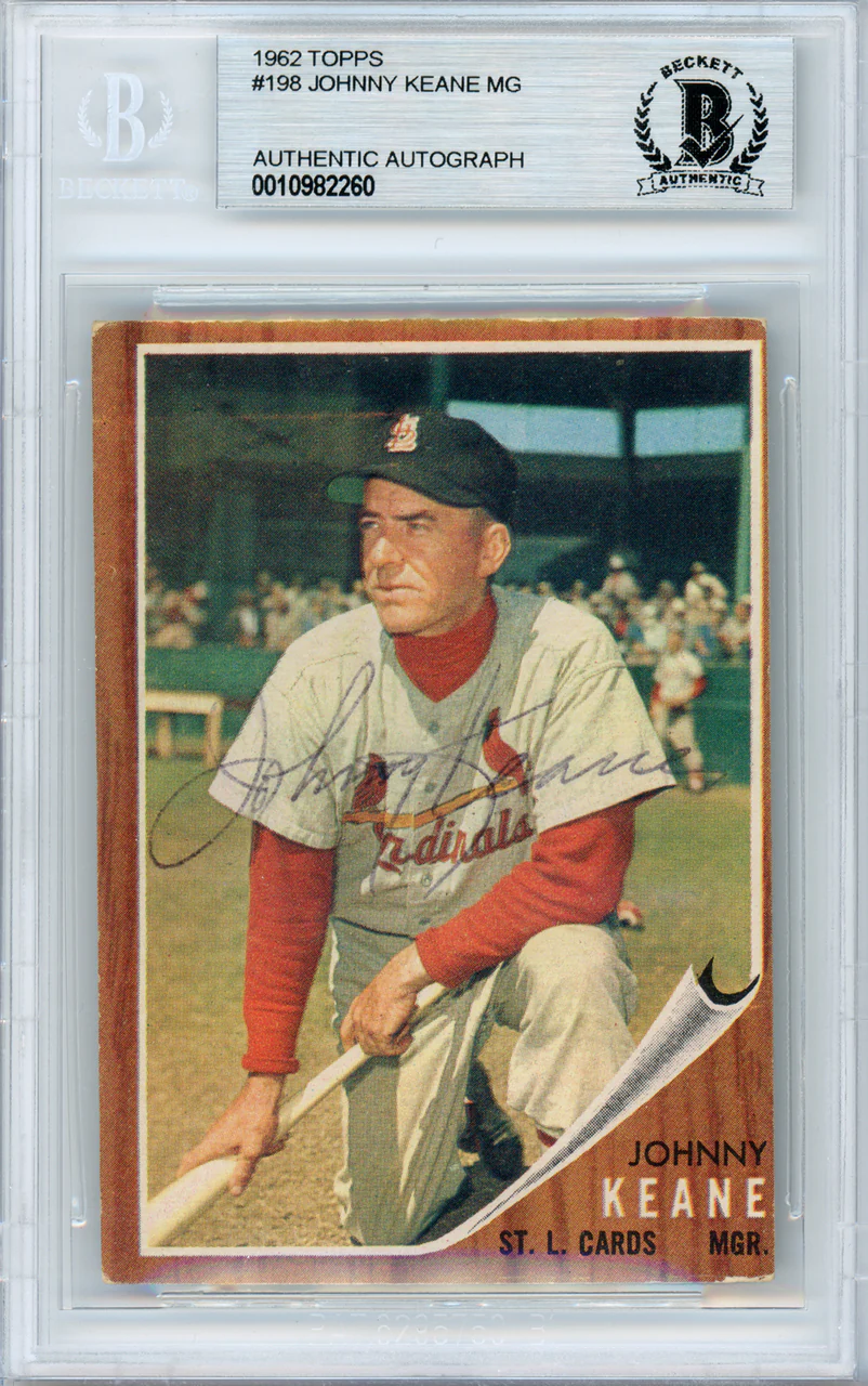 Johnny Keane Autographed 1962 Topps Card #198 St. Louis Cardinals Beckett BAS #10982260