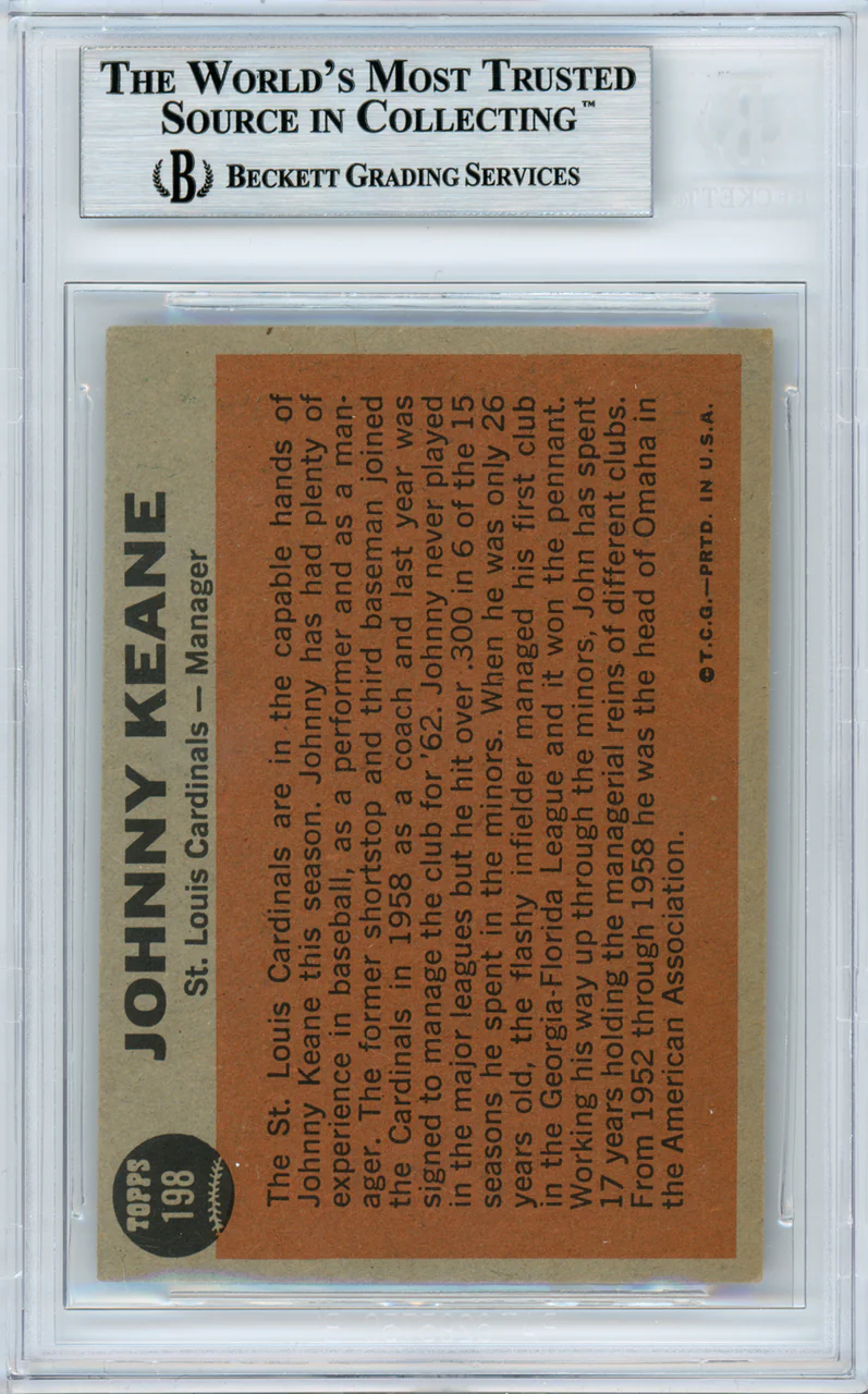 Johnny Keane Autographed 1962 Topps Card #198 St. Louis Cardinals Beckett BAS #10982260 - Image 2