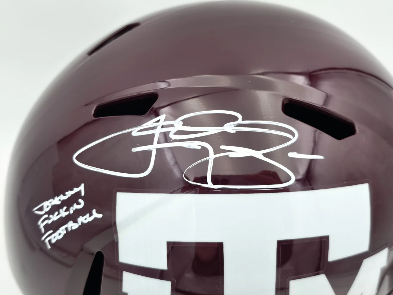 Johnny Manziel Autographed Texas A&M Aggies Maroon 2020 Full Size Speed Replica Helmet "Johnny F'cking Football" Beckett BAS Witness Stock #261980 - Image 2
