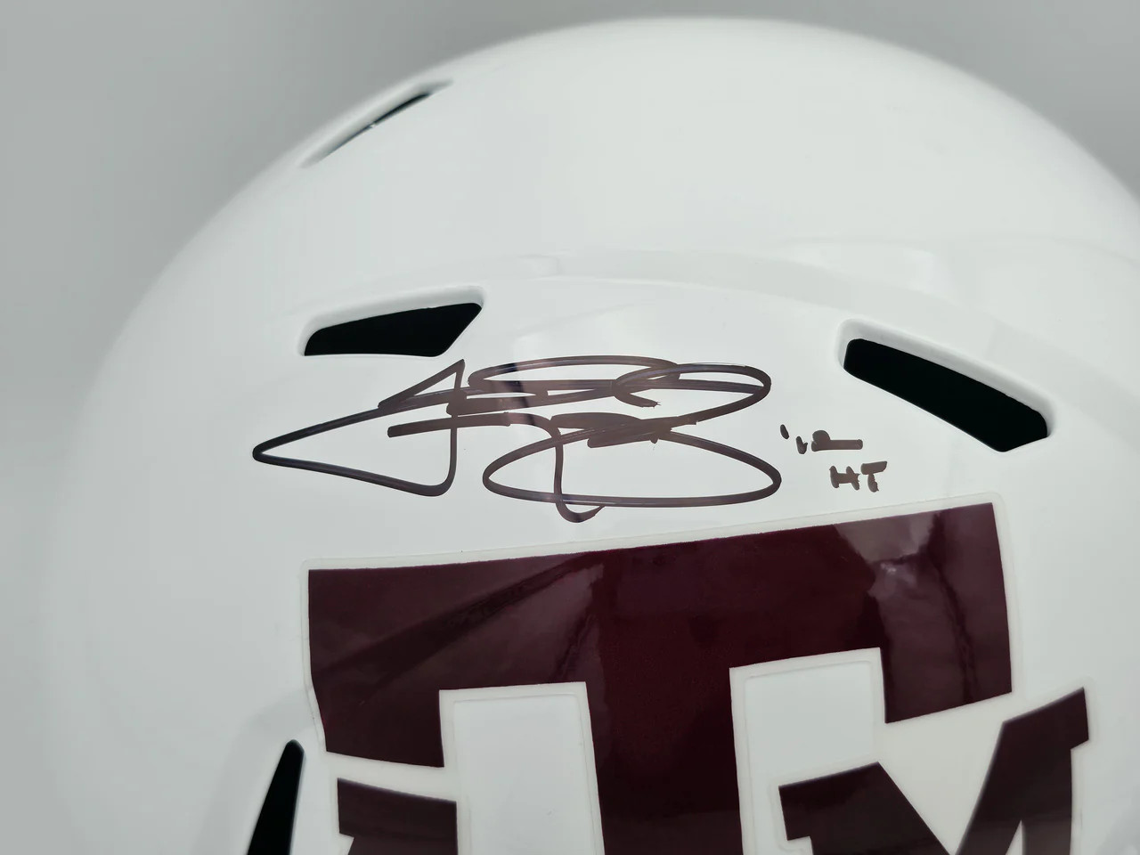 Johnny Manziel Autographed Texas A&M Aggies White Full Size Speed Replica Helmet "12 HT" Beckett BAS Witness Stock #261982 - Image 2