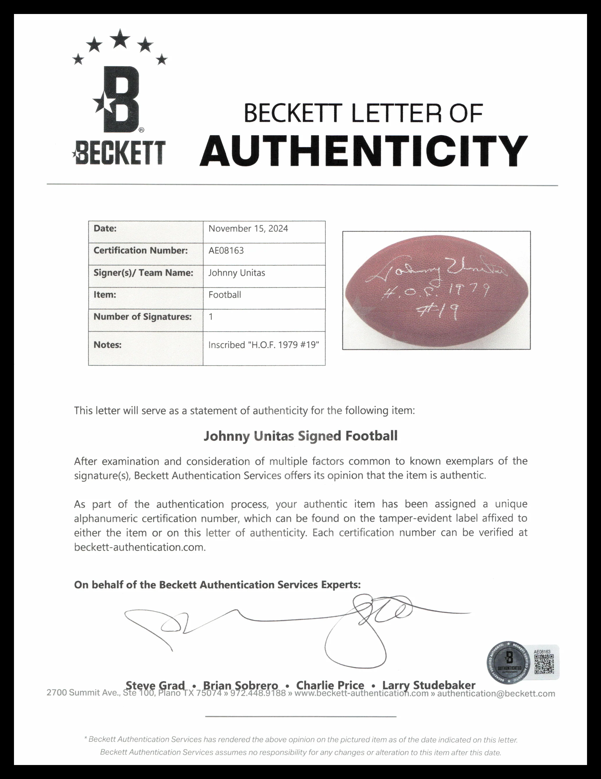 Johnny Unitas Autographed Official NFL Leather Game Football Baltimore Colts "HOF 1979 #19" Beckett BAS #AE08163 - Image 5