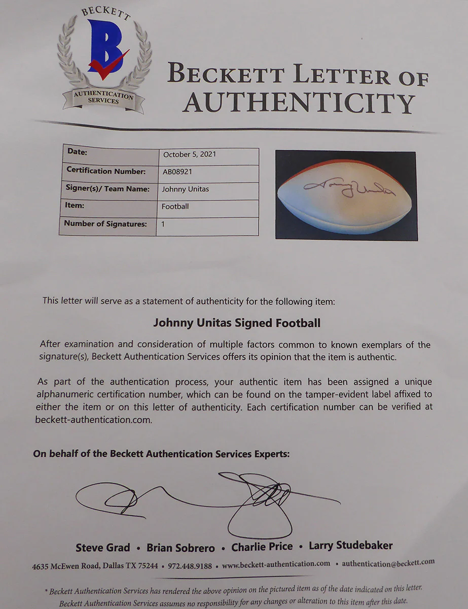 Johnny Unitas Autographed White Panel Football Baltimore Colts Beckett BAS #AB08921 - Image 5