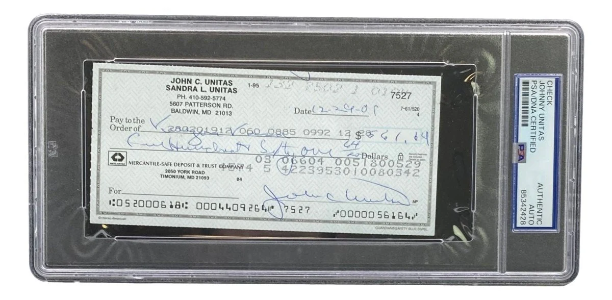 Johnny Unitas Baltimore Colts Signed Bank Check #7527 PSA