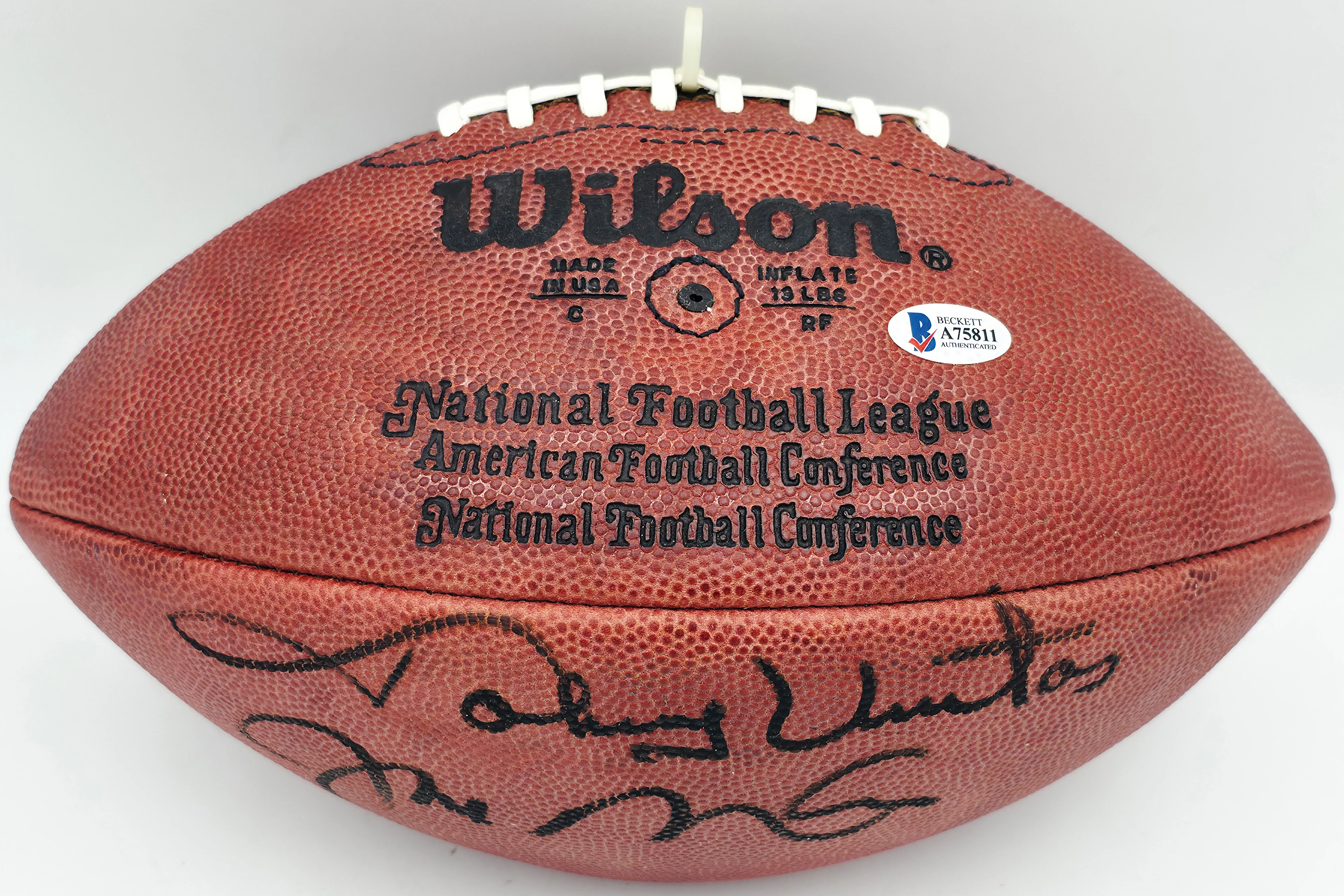 Johnny Unitas & Joe Montana Autographed Official NFL Leather Game Football Beckett BAS #A75811 - Image 3