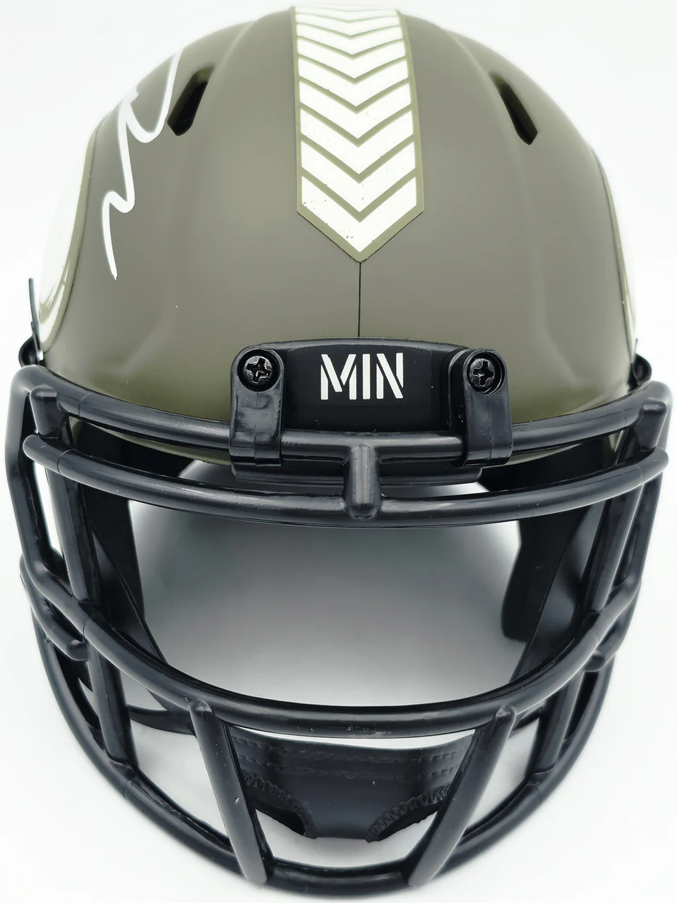 Jordan Addison Autographed Minnesota Vikings Army Green Salute To Service Speed Mini Helmet (In Silver) Beckett BAS QR Stock #261907 - Image 4