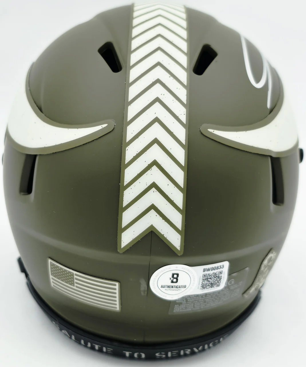 Jordan Addison Autographed Minnesota Vikings Army Green Salute To Service Speed Mini Helmet (In Silver) Beckett BAS QR Stock #261907 - Image 5