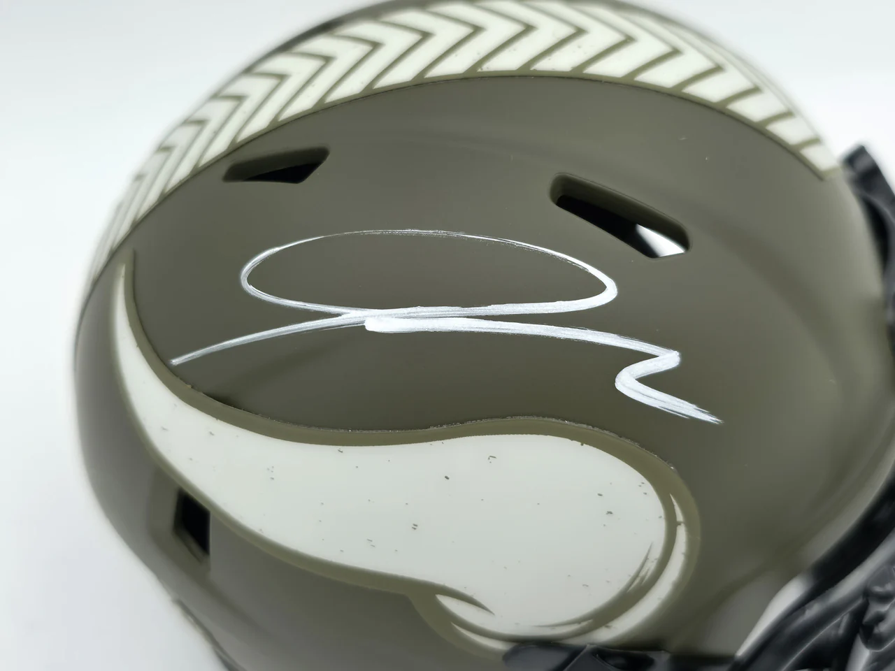 Jordan Addison Autographed Minnesota Vikings Army Green Salute To Service Speed Mini Helmet (In White) Beckett BAS QR Stock #261906 - Image 2