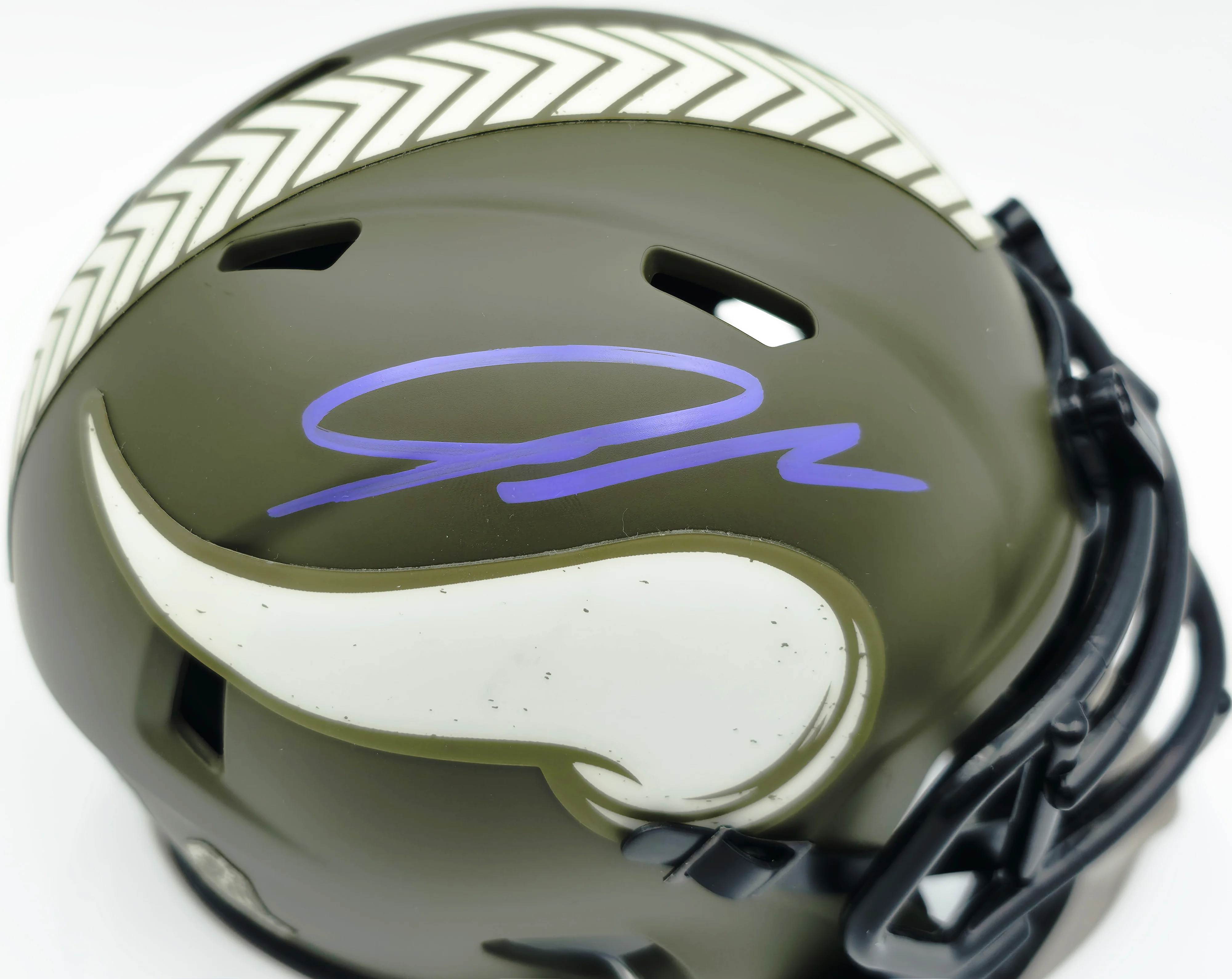 Jordan Addison Autographed Minnesota Vikings Camo Salute to Service Speed Mini Helmet Beckett BAS QR #BW00277 - Image 2
