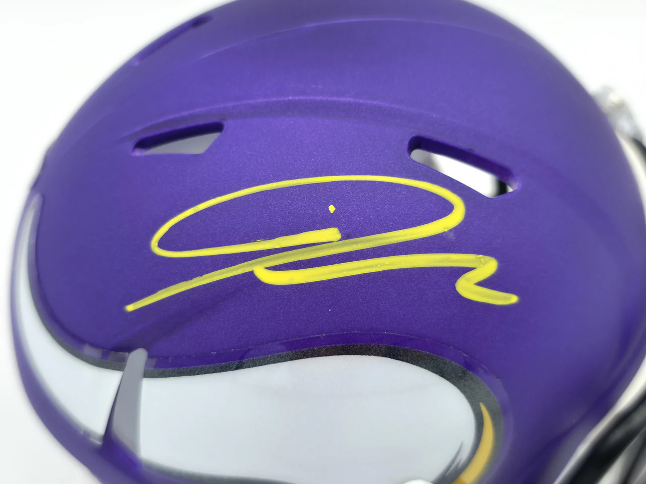 Jordan Addison Autographed Minnesota Vikings Purple Speed Mini Helmet (In Yellow) Beckett BAS QR Stock #261900 - Image 2