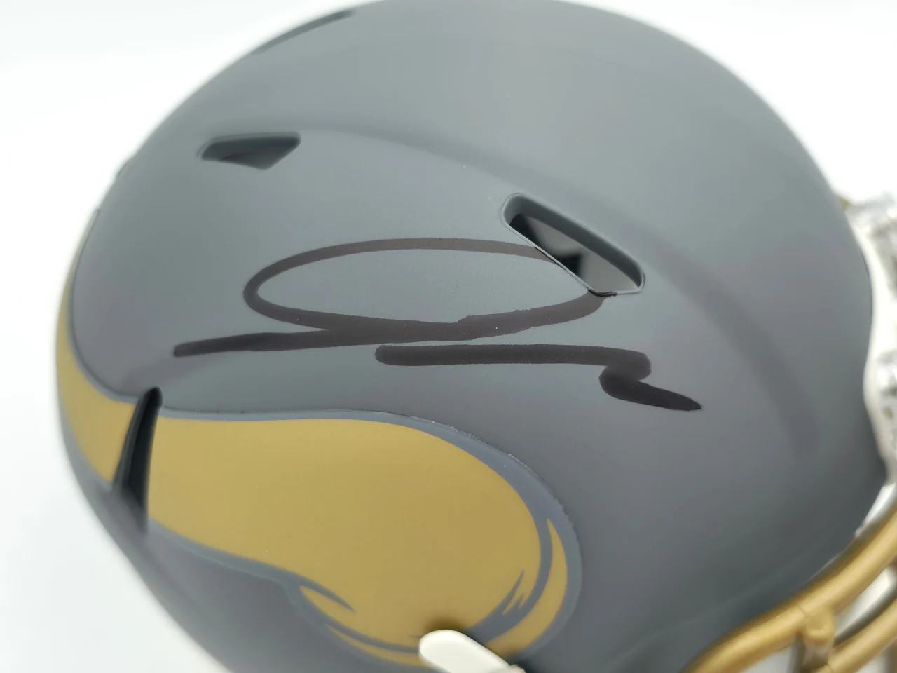 Jordan Addison Autographed Minnesota Vikings Slate Silver Speed Mini Helmet (In Black) Beckett BAS QR Stock #261898 - Image 2