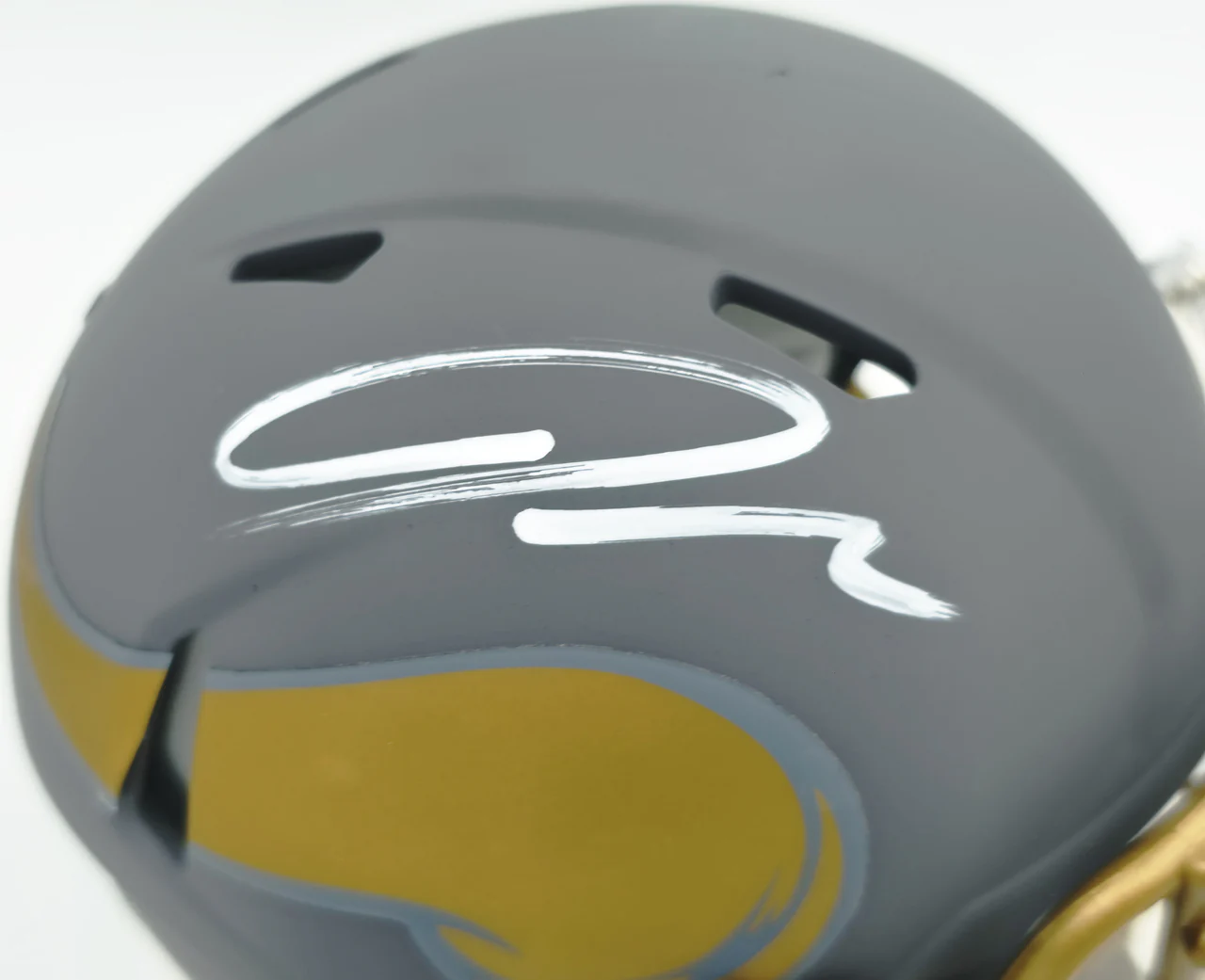 Jordan Addison Autographed Minnesota Vikings Slate Silver Speed Mini Helmet (In White) Beckett BAS QR Stock #261899 - Image 2