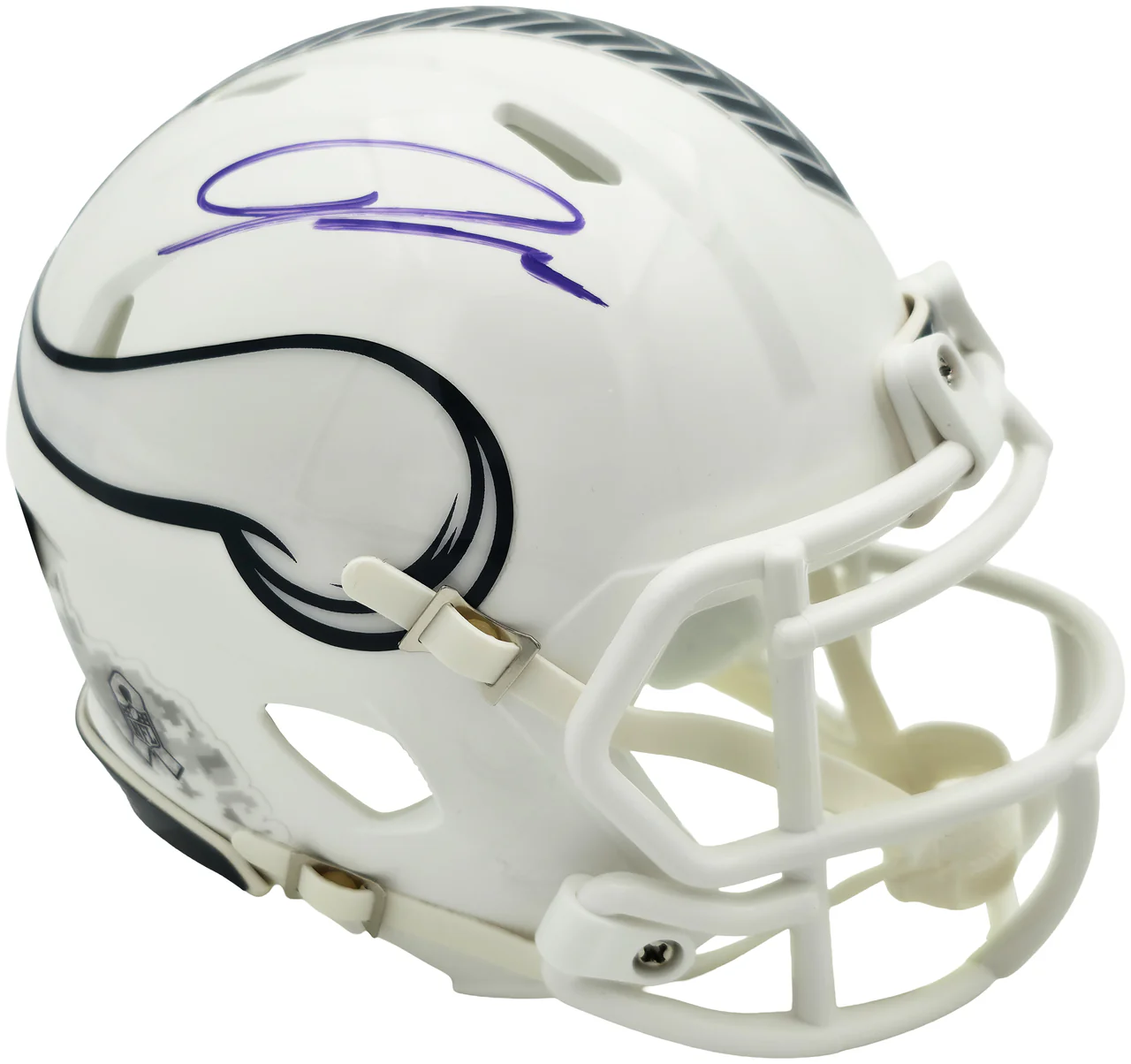 Jordan Addison Autographed Minnesota Vikings White 2024 Salute To Service Speed Mini Helmet (In Purple) Beckett BAS QR Stock #261905