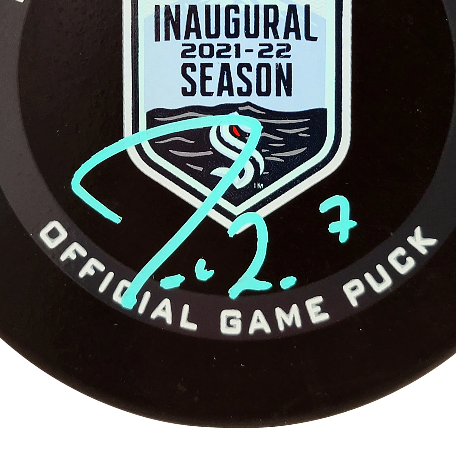 Jordan Eberle Autographed Official Seattle Kraken Inaugural Season Logo Hockey Game Puck Signed In Teal Fanatics Holo Stock #211615 - Image 3