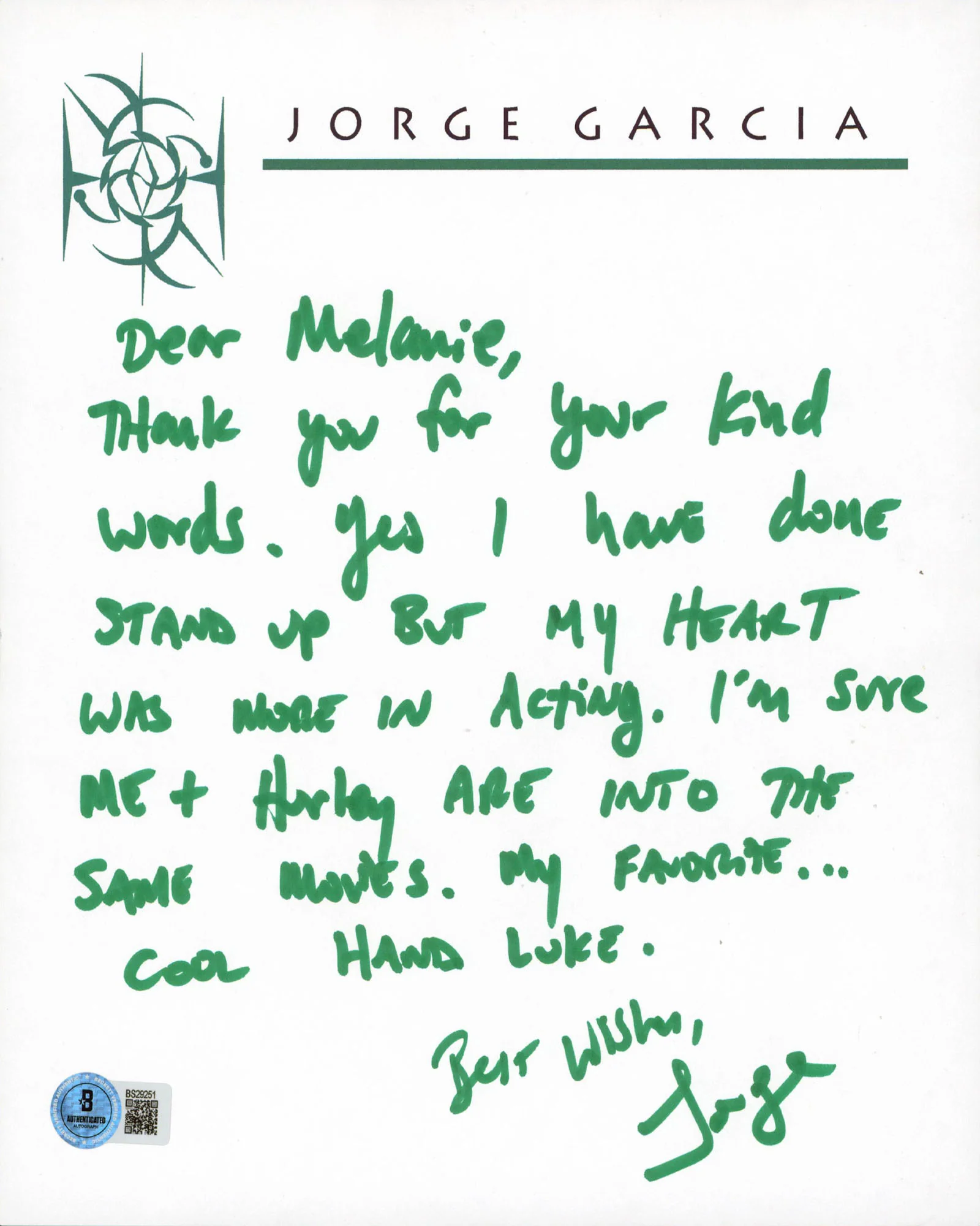 Jorge Garcia LOST Authentic Signed 8.5x10 Handwritten Letter BAS #BS29251 - Image 2