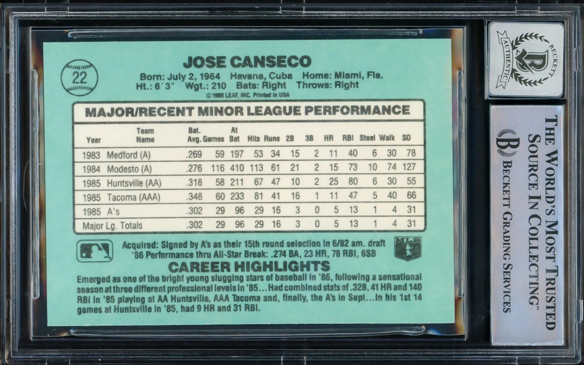 Jose Canseco Autographed 1986 Donruss The Rookies Rookie Card #22 Oakland A's Auto Grade Gem Mint 10 "86 AL ROY" Beckett BAS Stock #216704 - Image 2
