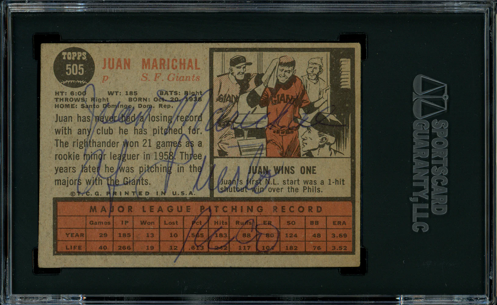 Juan Marichal Autographed 1962 Topps Card #505 San Francisco Giants "Puerto Rico" Vintage Signed Twice SGC #AU1002985 - Image 2