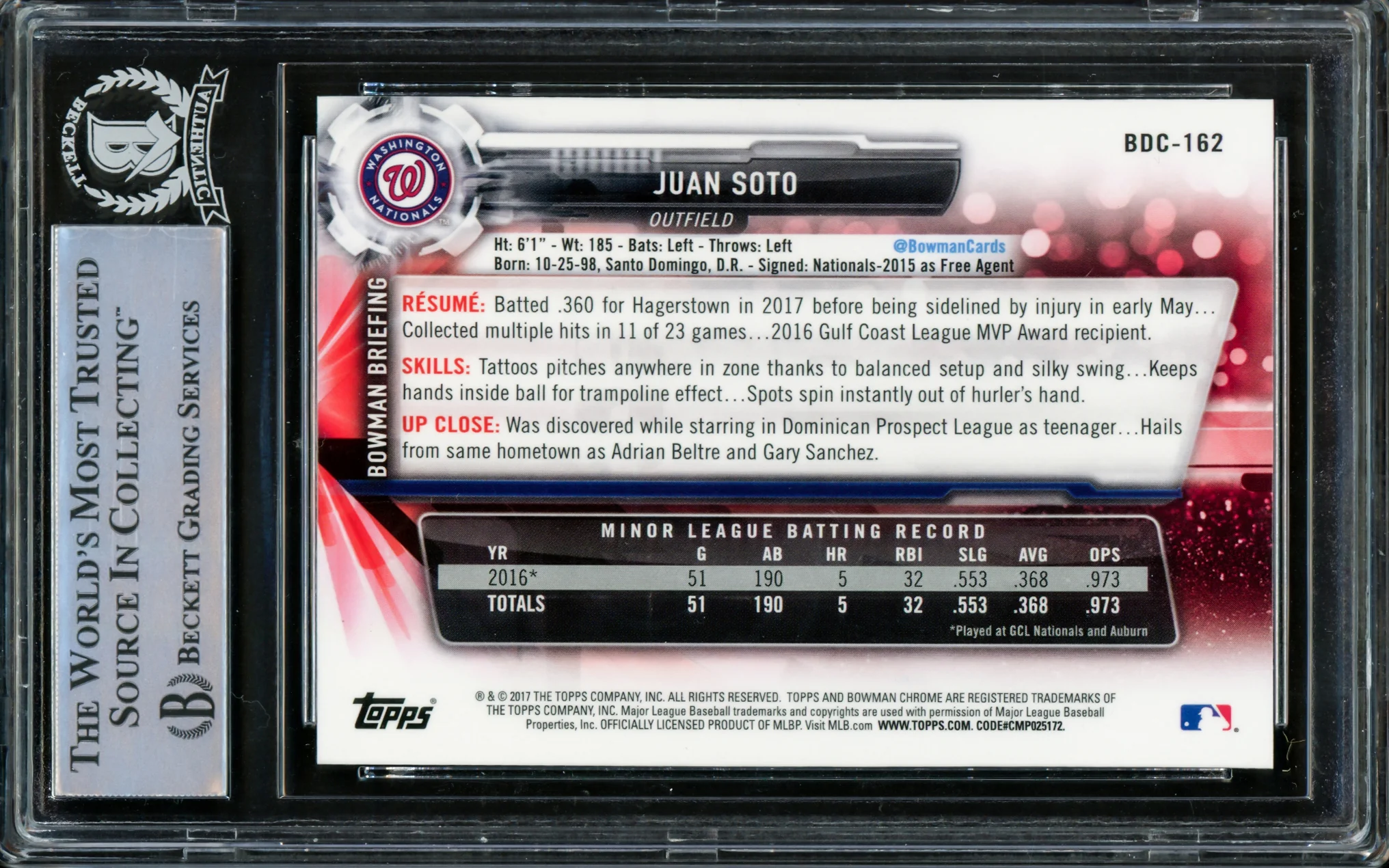 Juan Soto Autographed 2017 Bowman Chrome Draft Rookie Card #BDC162 New York Mets Beckett BAS Stock #211229 - Image 2