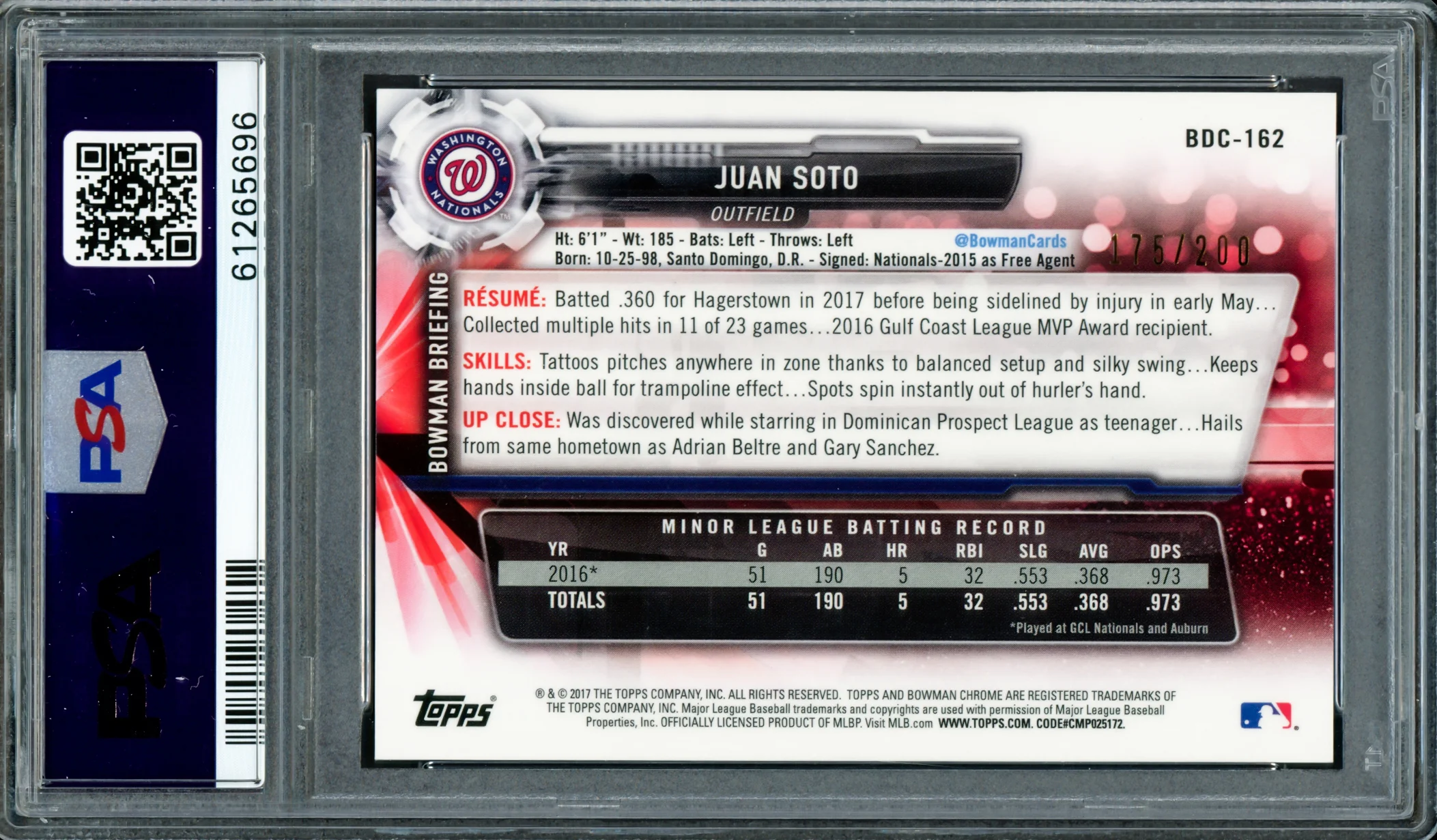 Juan Soto Autographed 2017 Bowman Draft Chrome 70th Refractor Rookie Card #BDC162 New York Mets PSA 8 (Bubbling) #175/200 PSA/DNA #61265696 - Image 2