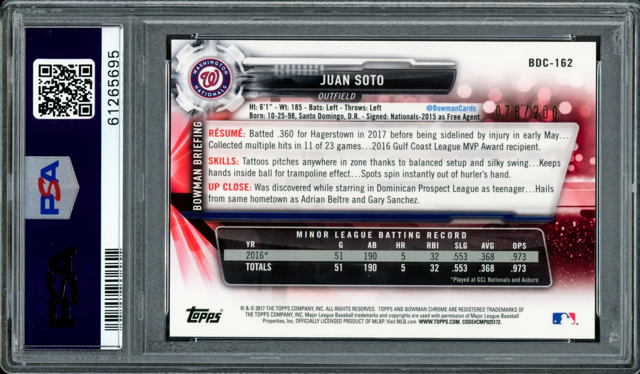 Juan Soto Autographed 2017 Bowman Draft Chrome 70th Refractor Rookie Card #BDC162 New York Mets PSA 9 (Bubbling) #78/200 PSA/DNA #61265695 - Image 2