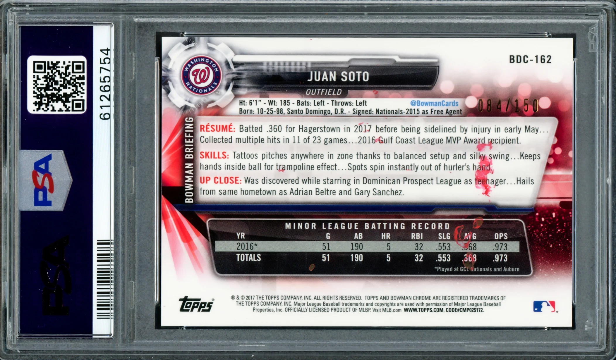 Juan Soto Autographed 2017 Bowman Draft Chrome Blue Refractor Rookie Card #BDC162 New York Mets PSA 8 "2019 WS Champs" #84/150 PSA/DNA #61265754 - Image 2