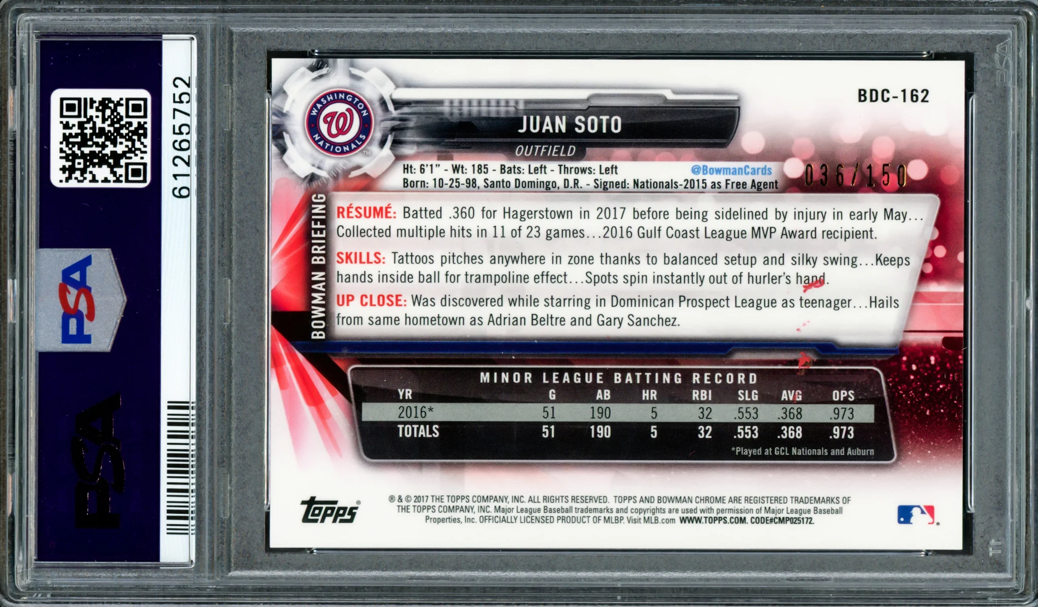 Juan Soto Autographed 2017 Bowman Draft Chrome Blue Refractor Rookie Card #BDC162 New York Mets PSA 8 Auto Grade Gem Mint 10 "2019 WS Champs" #36/150 PSA/DNA #61265752 - Image 2