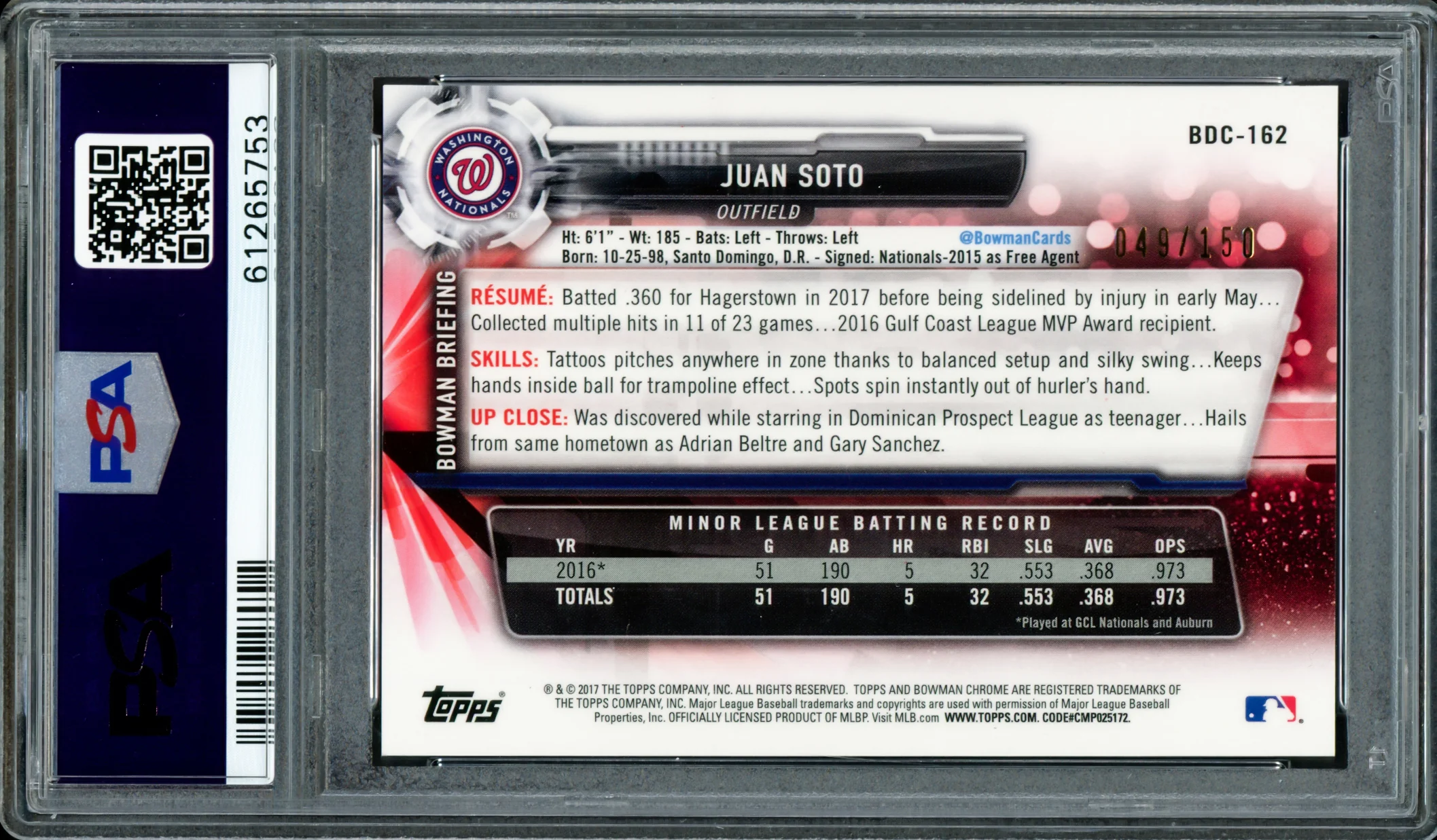 Juan Soto Autographed 2017 Bowman Draft Chrome Blue Refractor Rookie Card #BDC162 New York Mets PSA 9 "2019 WS Champs" #49/150 PSA/DNA #61265753 - Image 2