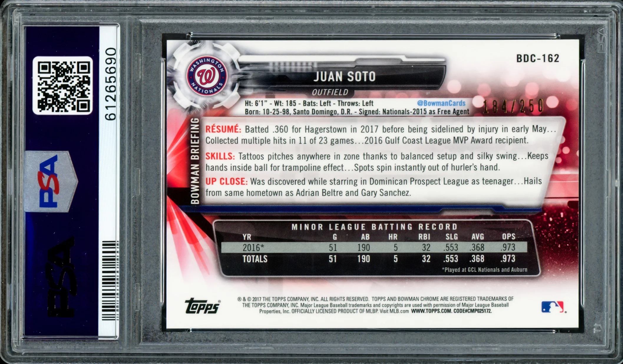 Juan Soto Autographed 2017 Bowman Draft Chrome Purple Refractor Rookie Card #BDC162 New York Mets PSA 9 #184/250 PSA/DNA #61265690 - Image 2