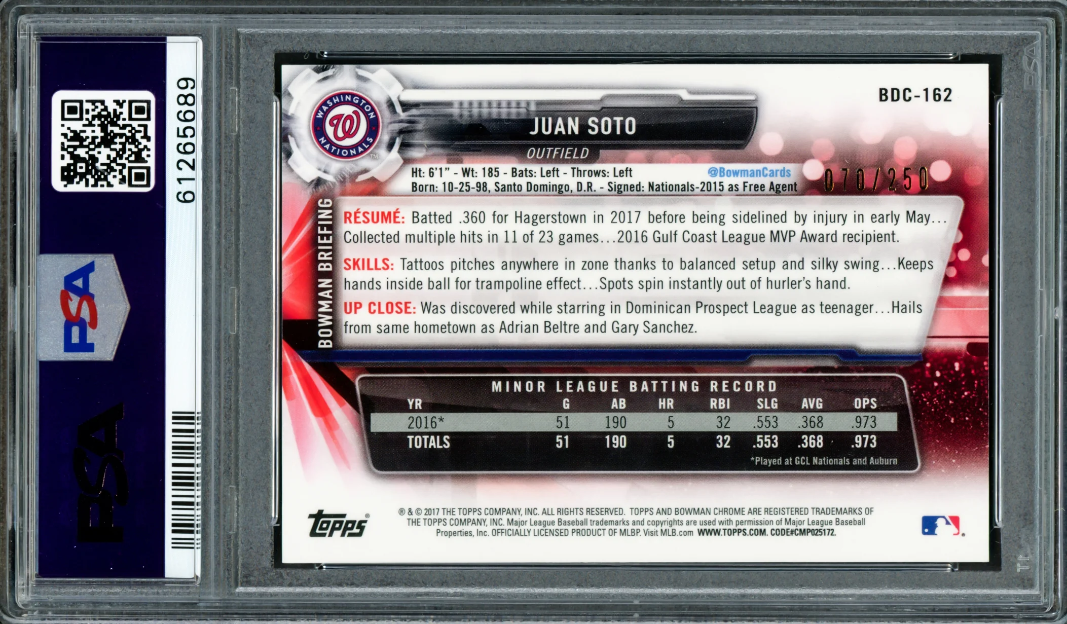 Juan Soto Autographed 2017 Bowman Draft Chrome Purple Refractor Rookie Card #BDC162 New York Mets PSA 9 #70/250 PSA/DNA #61265689 - Image 2