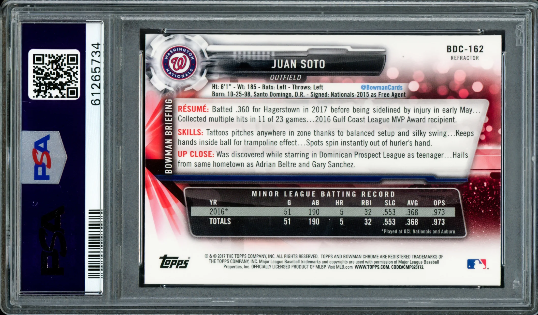 Juan Soto Autographed 2017 Bowman Draft Chrome Refractor Rookie Card #BDC162 New York Mets PSA 9 "2019 WS Champs" PSA/DNA #61265734 - Image 2