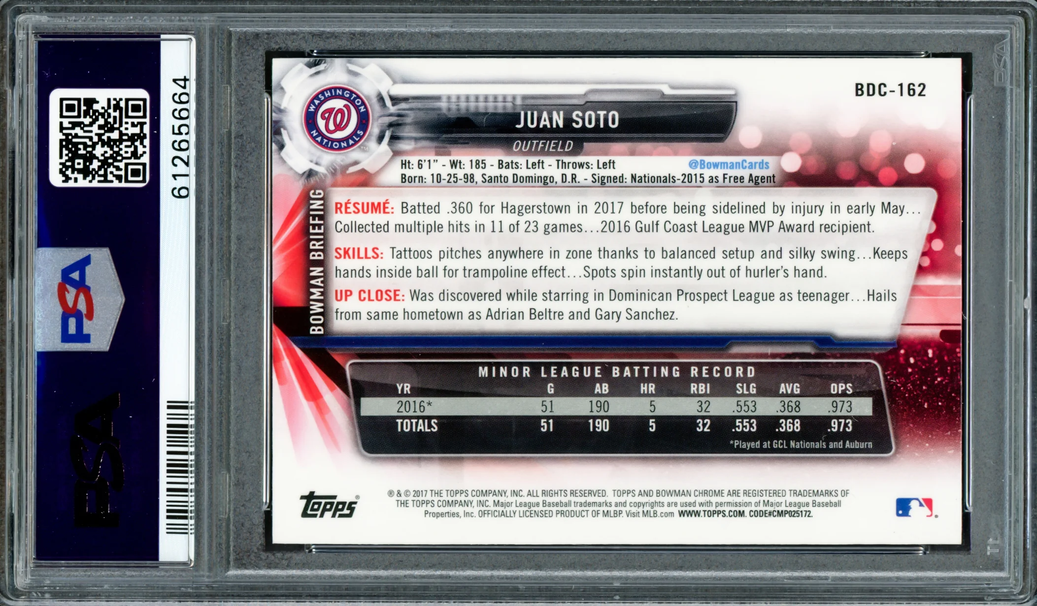 Juan Soto Autographed 2017 Bowman Draft Chrome Rookie Card #BDC162 New York Mets PSA 10 PSA/DNA #61265664 - Image 2