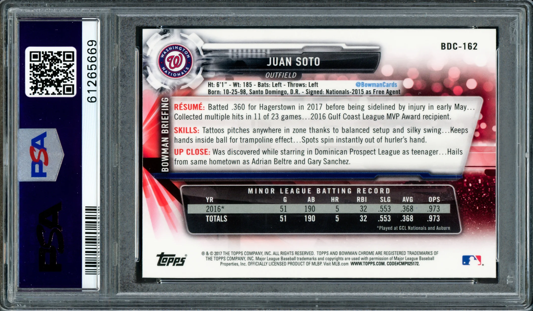 Juan Soto Autographed 2017 Bowman Draft Chrome Rookie Card #BDC162 New York Mets PSA 10 PSA/DNA #61265669 - Image 2