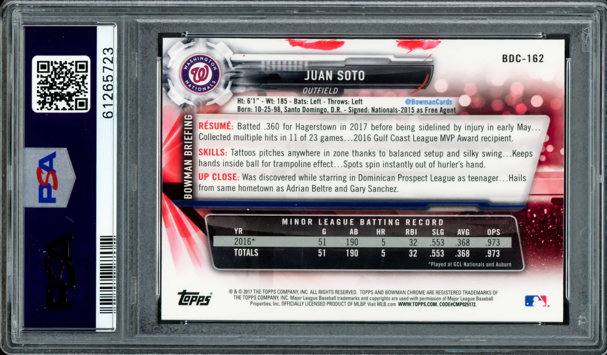 Juan Soto Autographed 2017 Bowman Draft Chrome Rookie Card #BDC162 New York Mets PSA 8 "2019 WS Champs" PSA/DNA #61265723 - Image 2