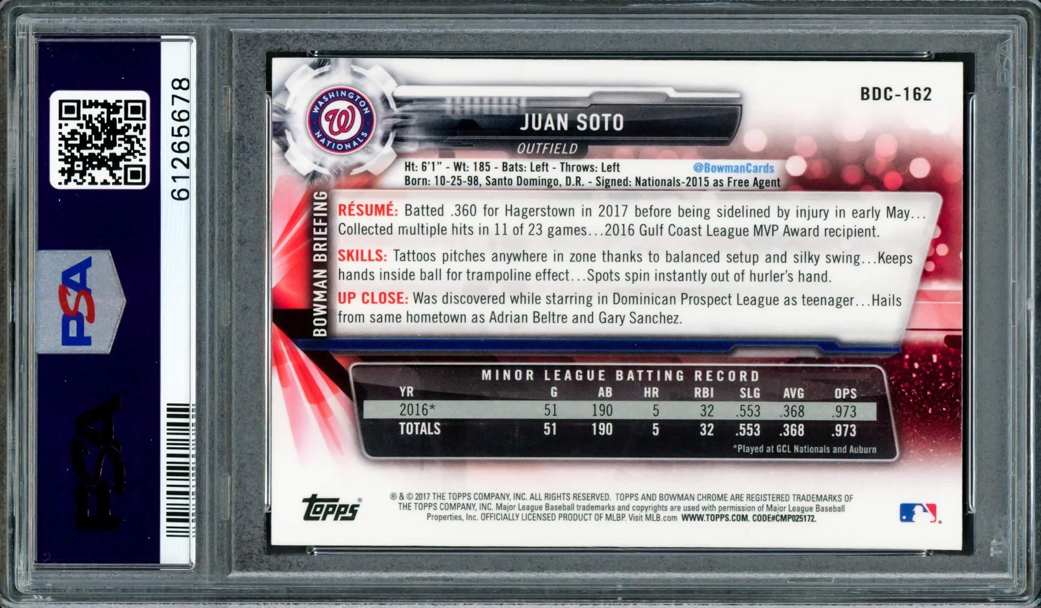 Juan Soto Autographed 2017 Bowman Draft Chrome Rookie Card #BDC162 New York Mets PSA 8 PSA/DNA #61265678 - Image 2