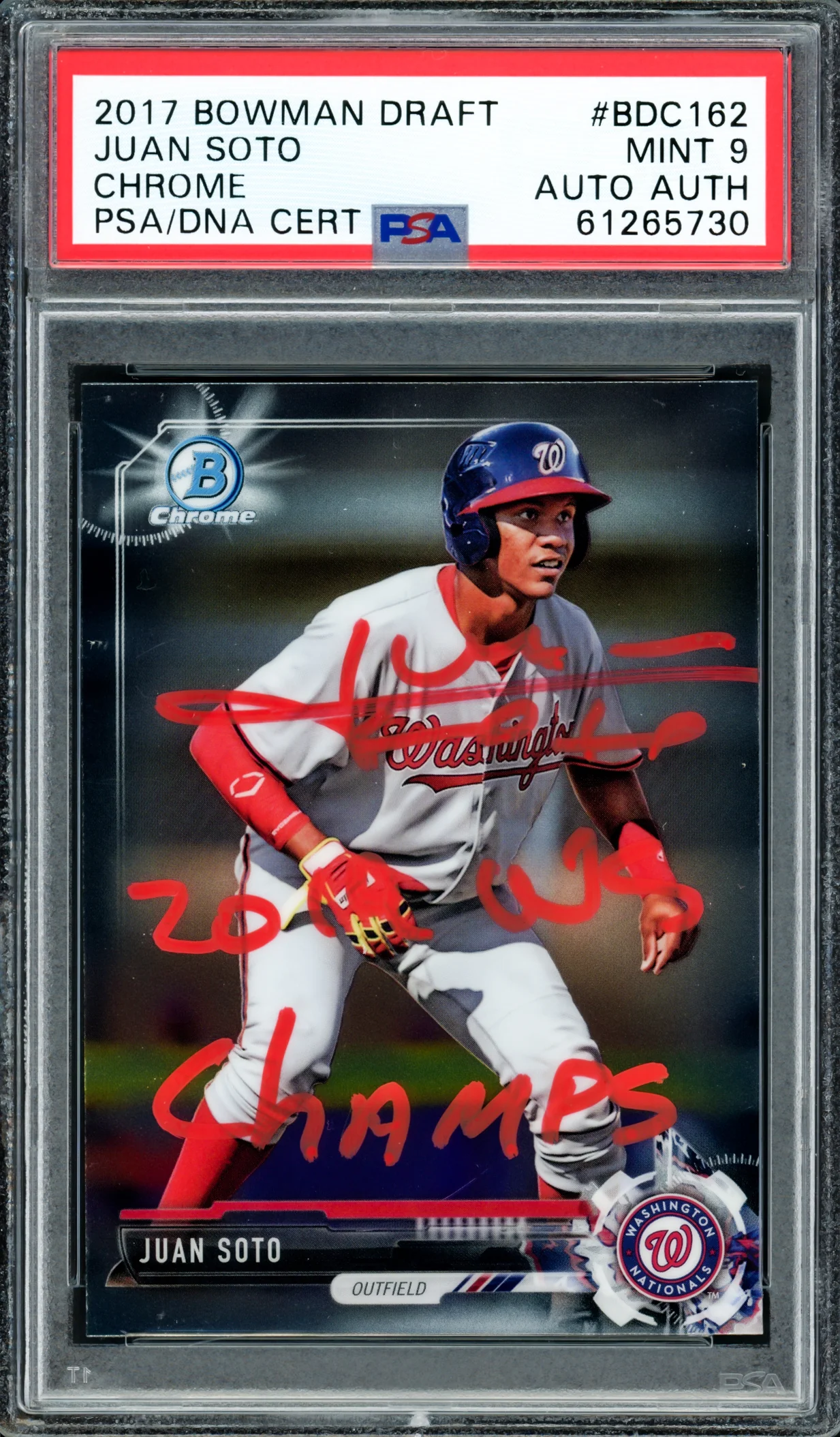 Juan Soto Autographed 2017 Bowman Draft Chrome Rookie Card #BDC162 New York Mets PSA 9 "2019 WS Champs" PSA/DNA #61265730