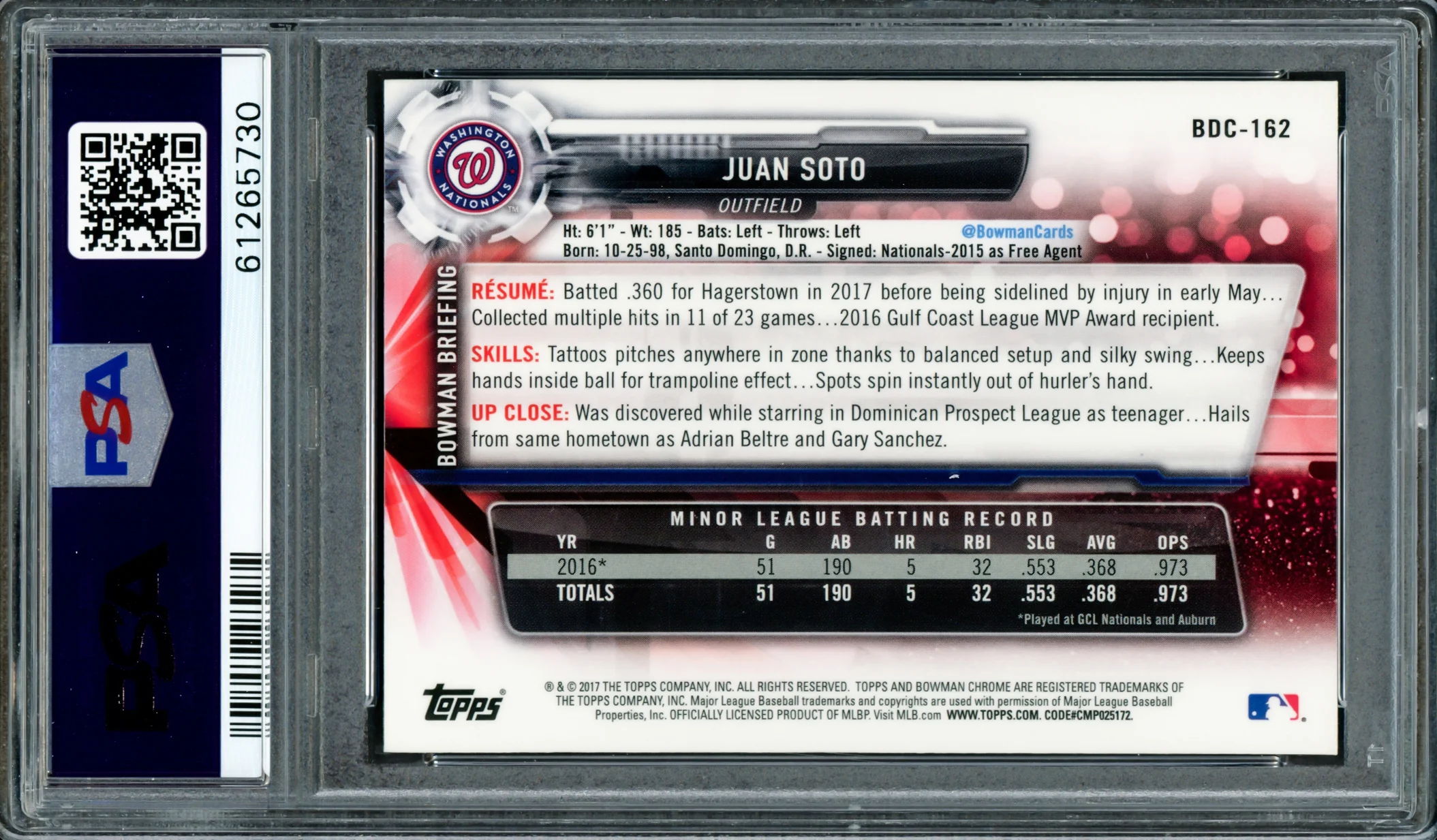 Juan Soto Autographed 2017 Bowman Draft Chrome Rookie Card #BDC162 New York Mets PSA 9 "2019 WS Champs" PSA/DNA #61265730 - Image 2