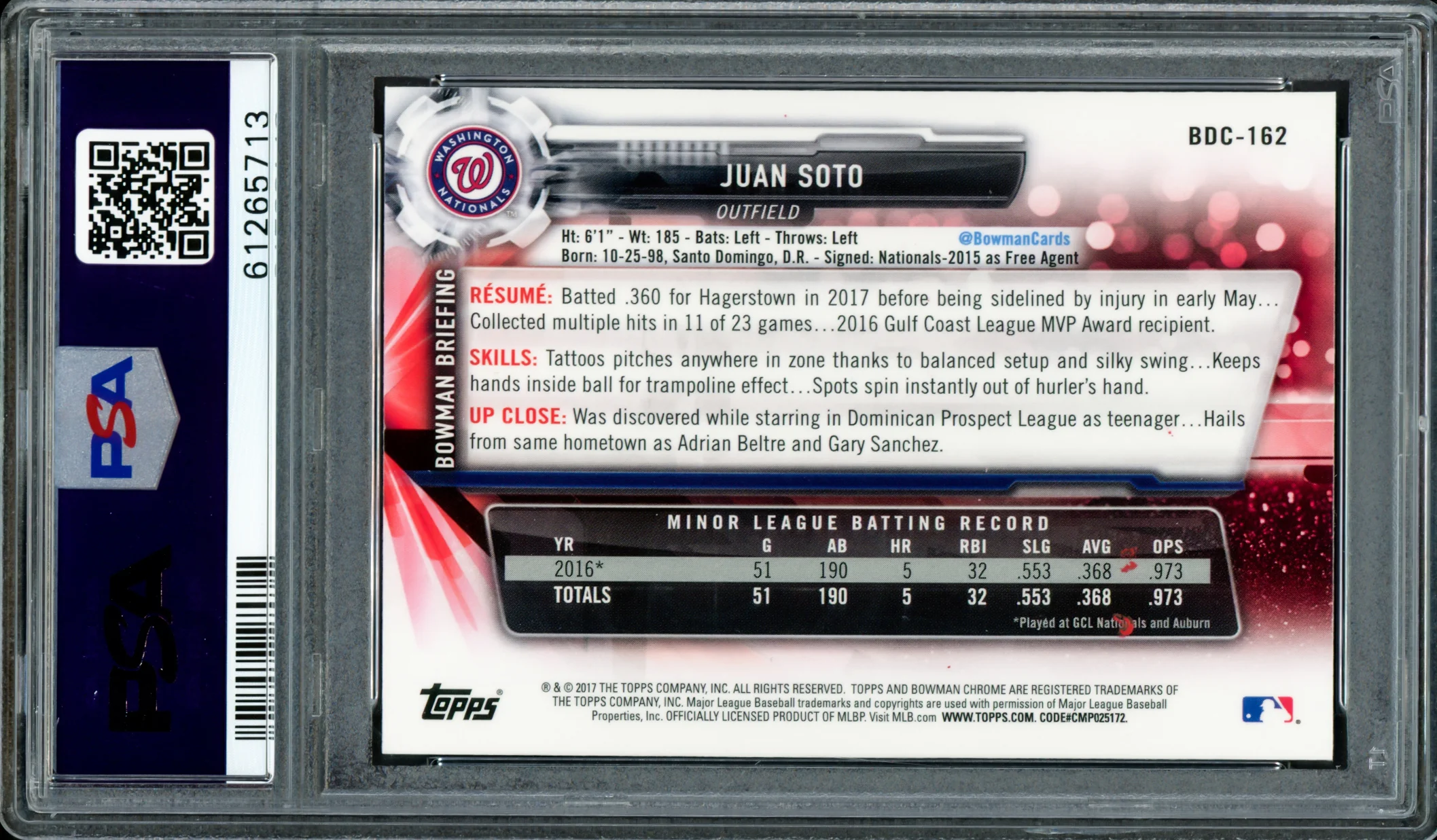 Juan Soto Autographed 2017 Bowman Draft Chrome Rookie Card #BDC162 New York Mets PSA 9 Auto Grade Gem Mint 10 "2019 WS Champs" PSA/DNA #61265713 - Image 2